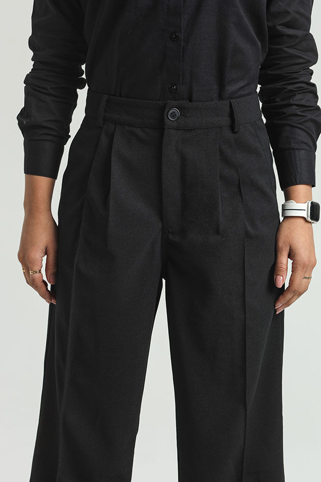 Wide Leg High Waist Trousers - Black