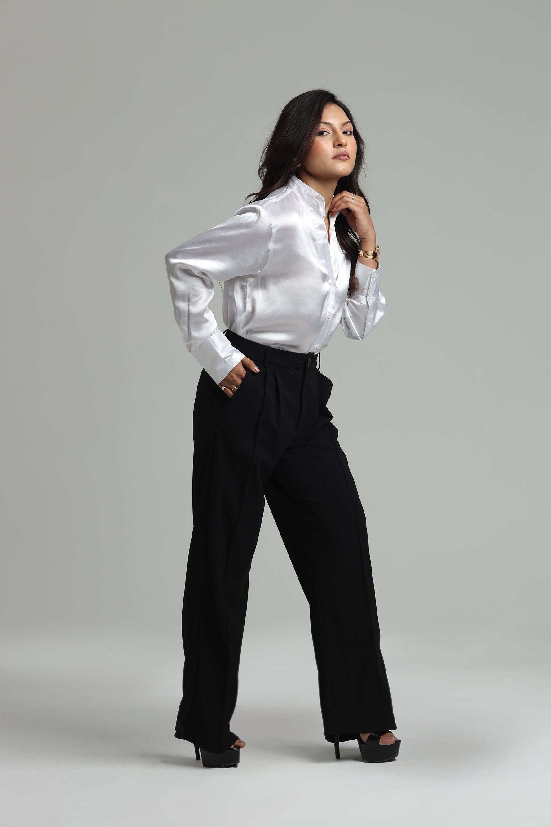 Image of Basic Solid Satin Shirt - White
