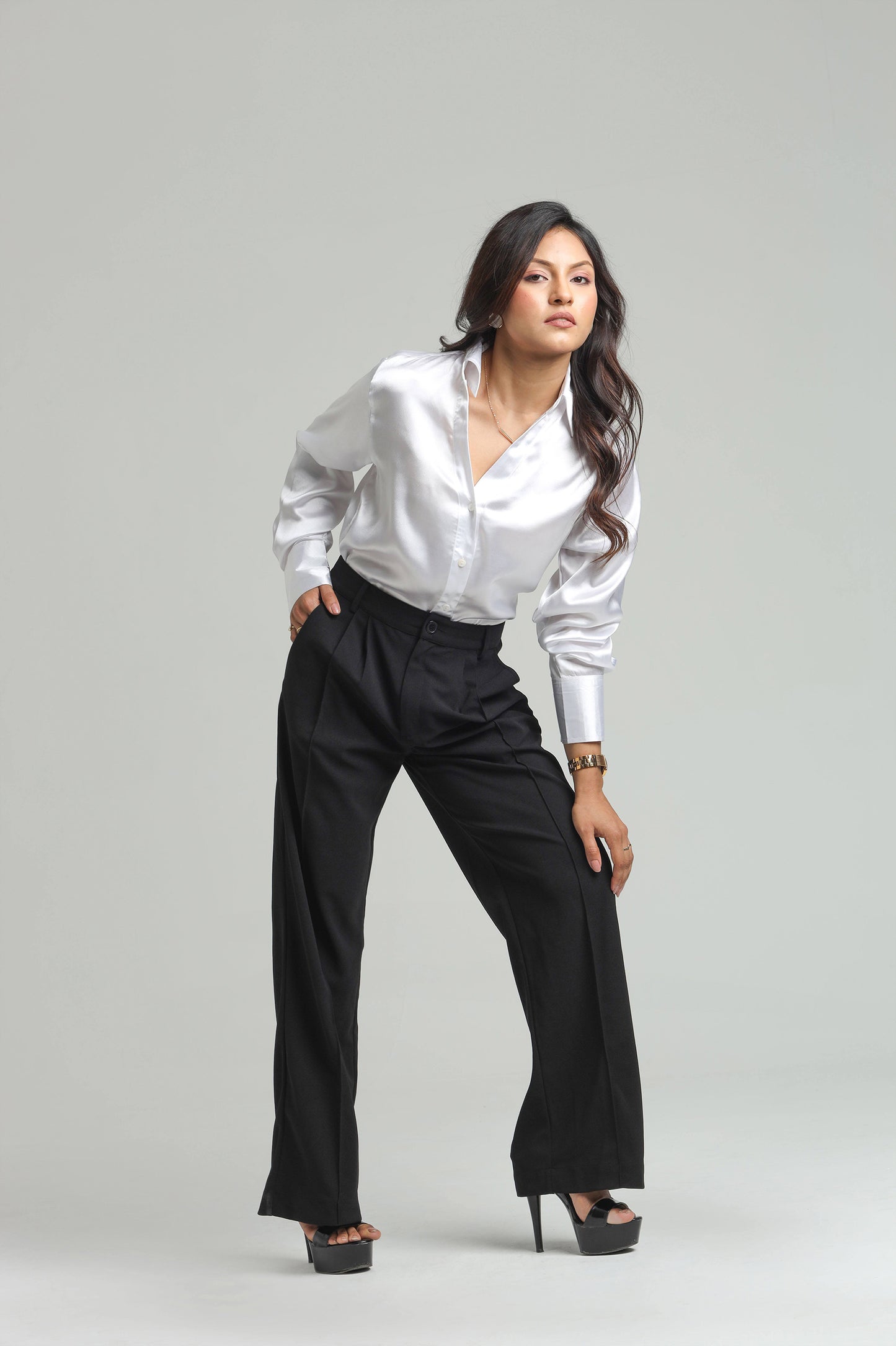 Basic Solid Satin Shirt - White