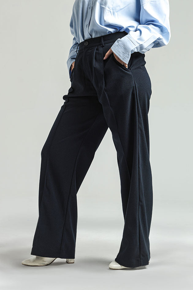 Wide Leg High Waist Trousers - Navy Blue