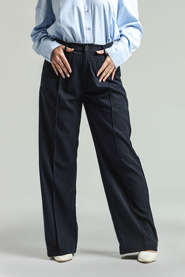 Wide Leg High Waist Trousers - Navy Blue