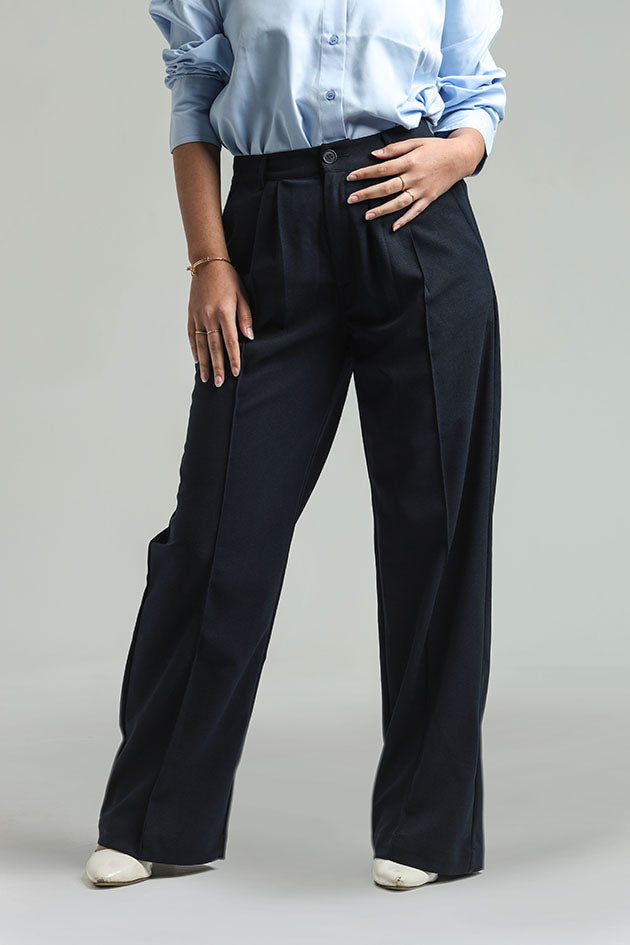 Wide Leg High Waist Trousers - Navy Blue