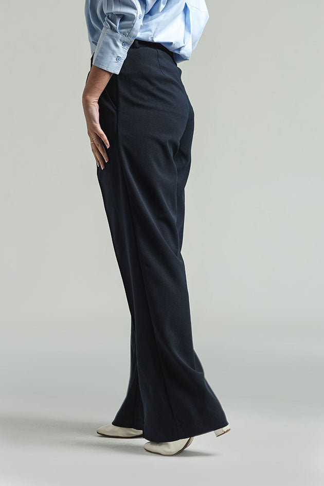 Wide Leg High Waist Trousers - Navy Blue