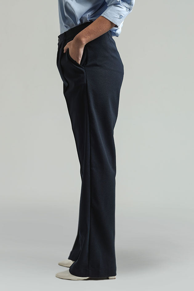 Wide Leg High Waist Trousers - Navy Blue