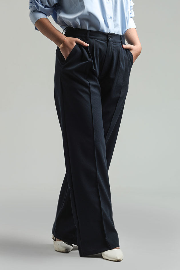 Wide Leg High Waist Trousers - Navy Blue