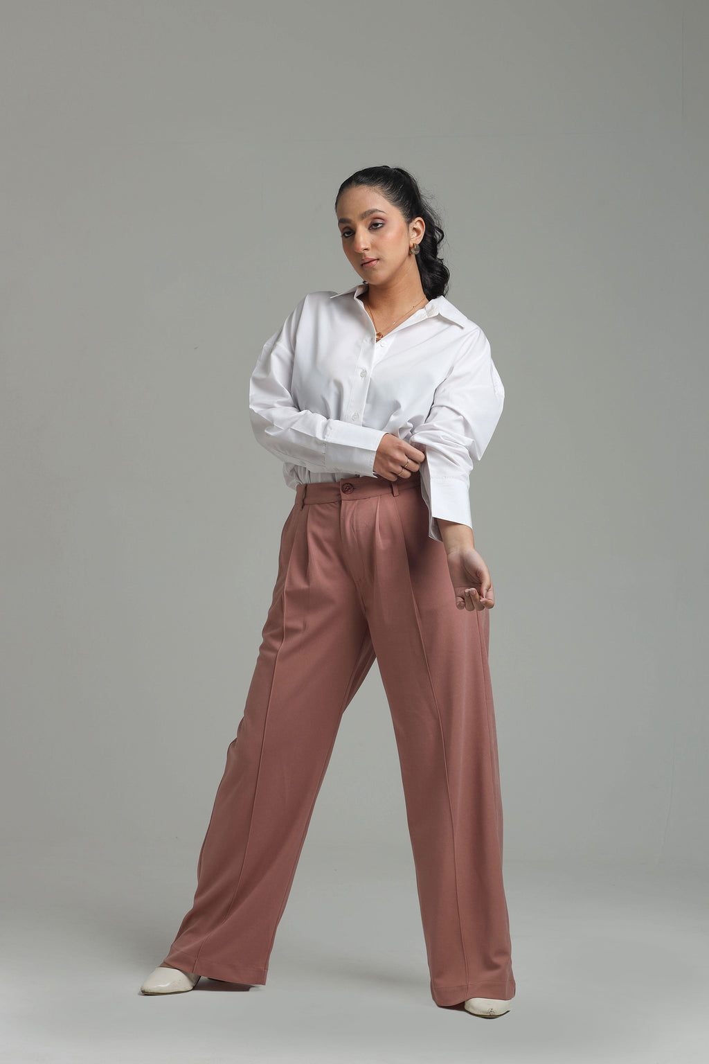 Wide Leg High Waist Trousers -Dusty Pink