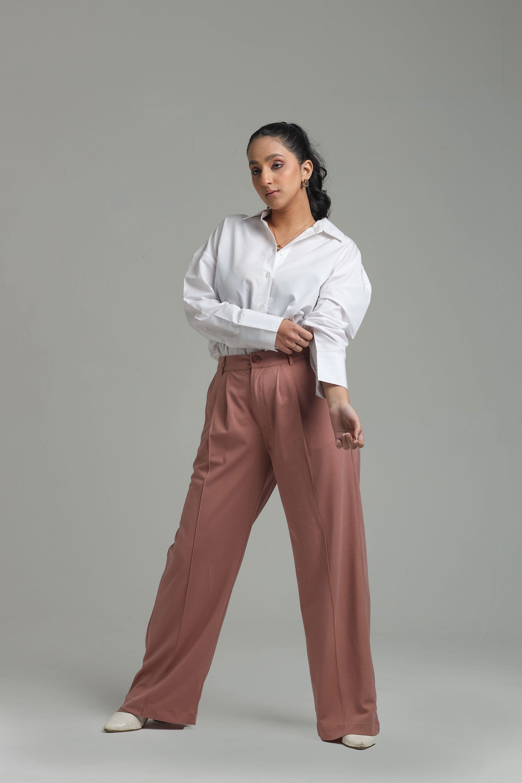 Wide Leg High Waist Trousers -Dusty Pink