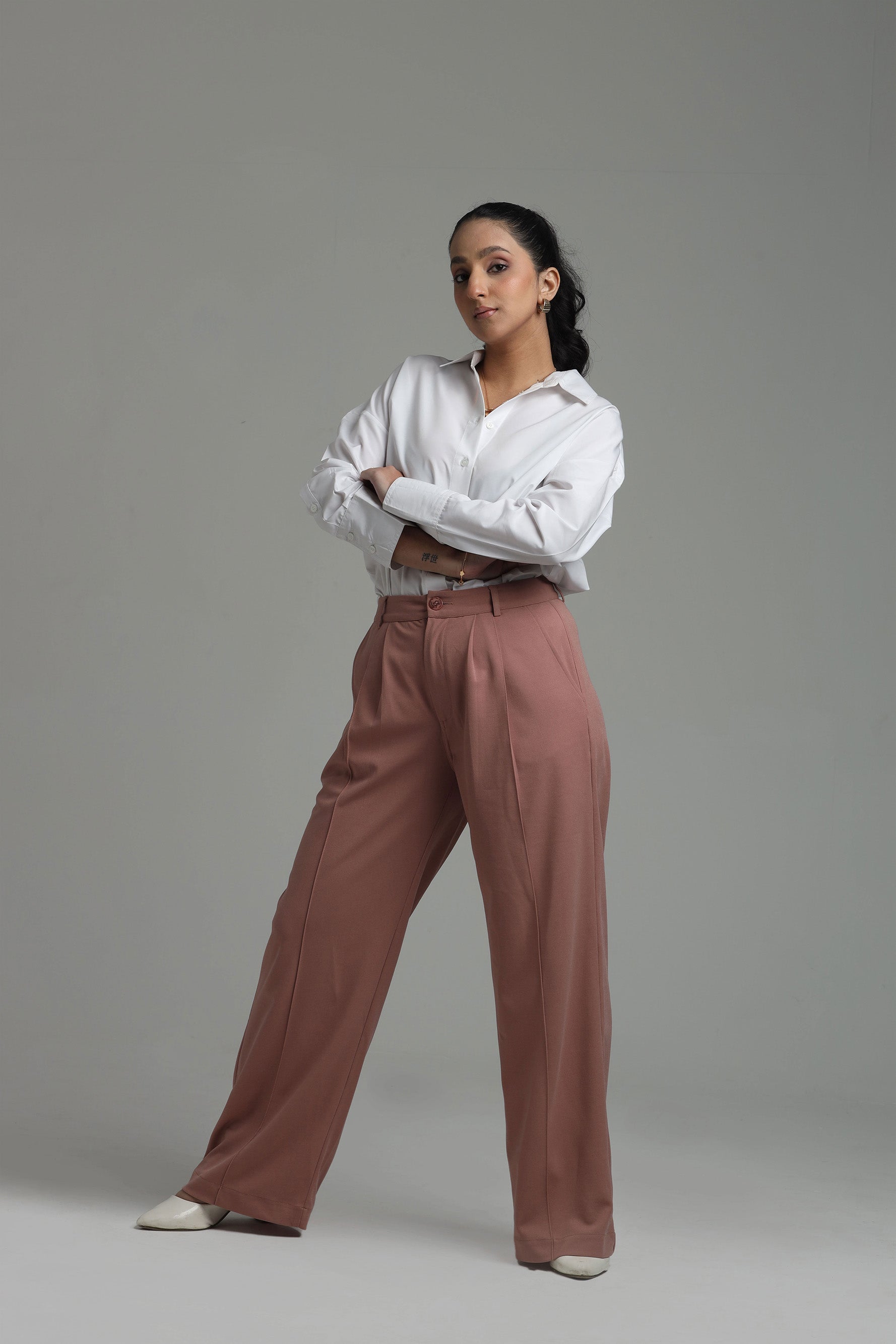 Wide Leg High Waist Trousers -Dusty Pink