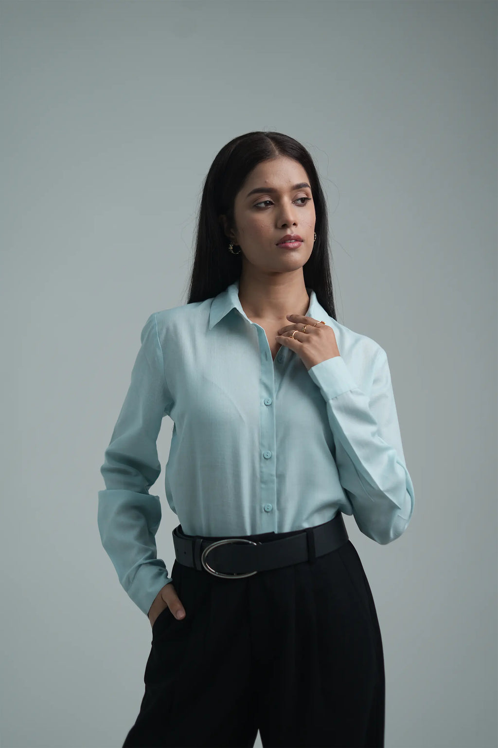 Basic solid linen blend shirt - Light Blue