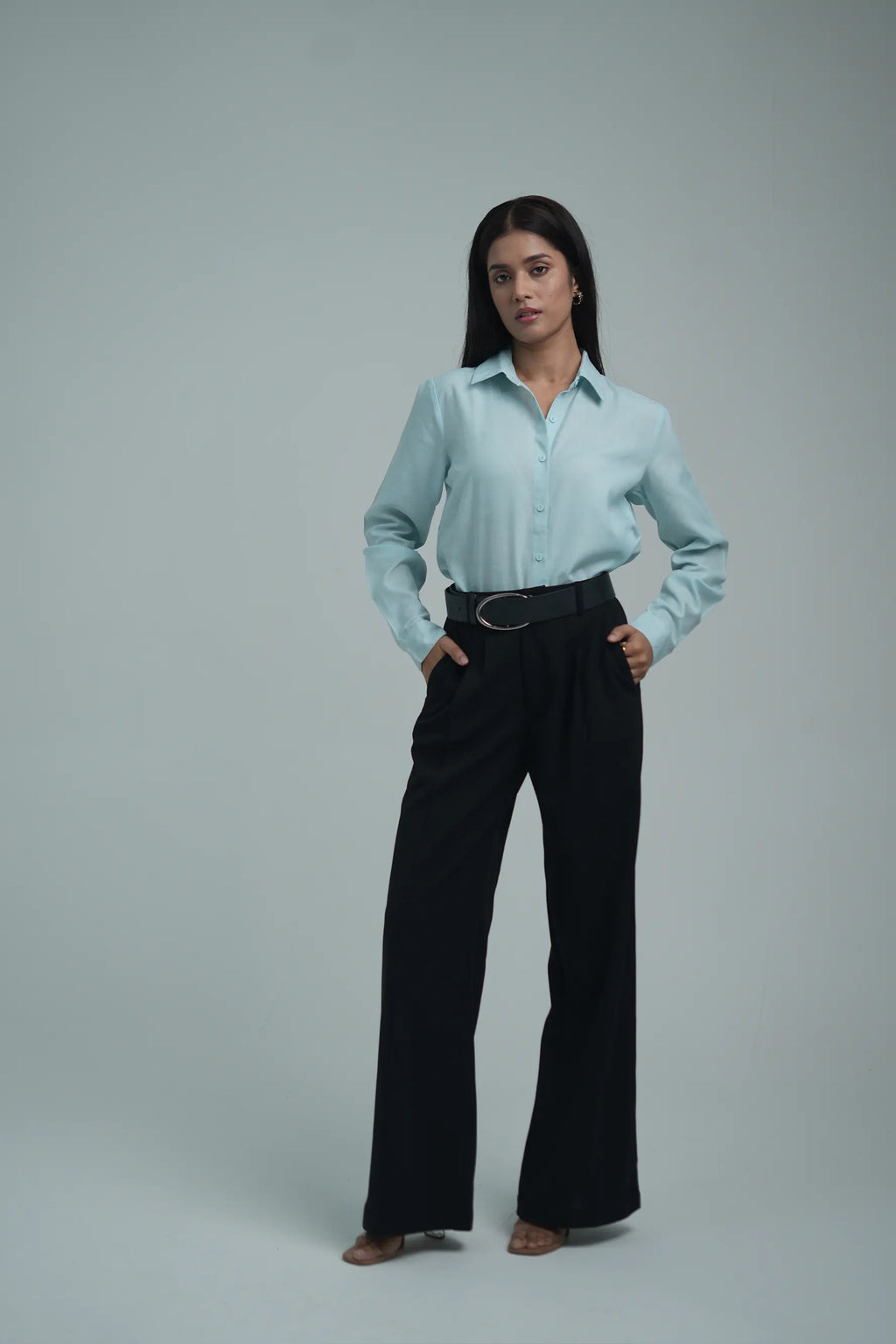 Basic solid linen blend shirt - Light Blue