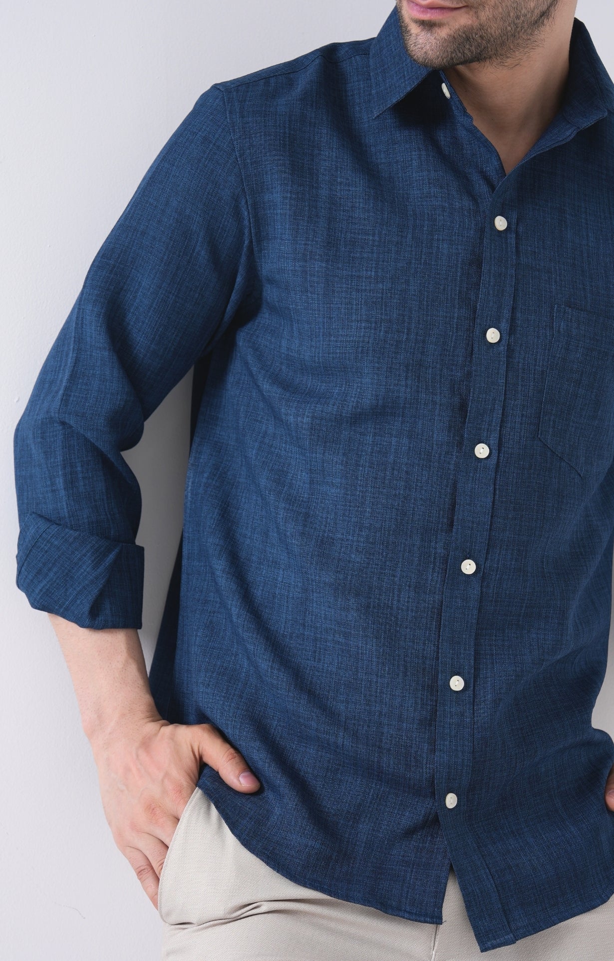 Image of Men's Basic Solid Linen Shirt - Navy Blue