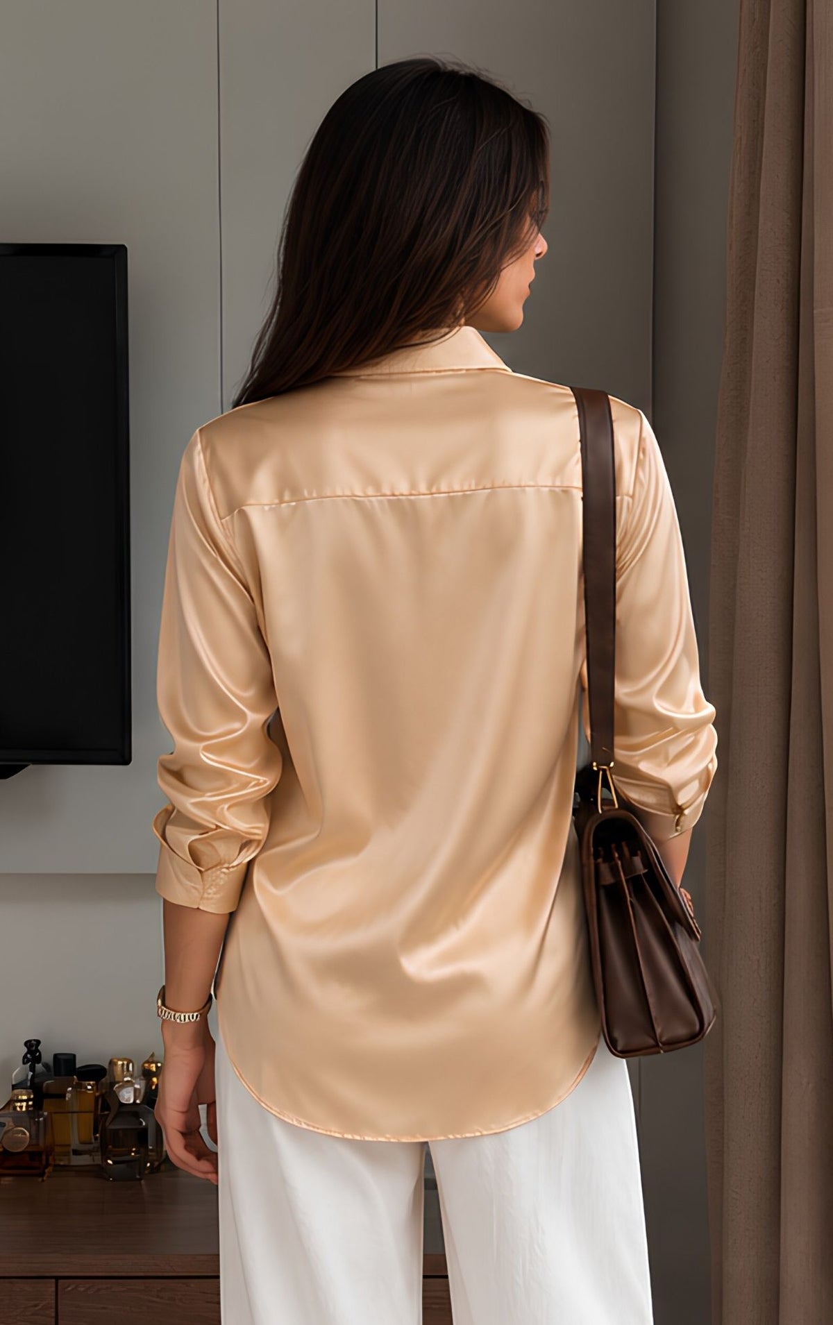 Basic Solid Satin Shirt - Beige