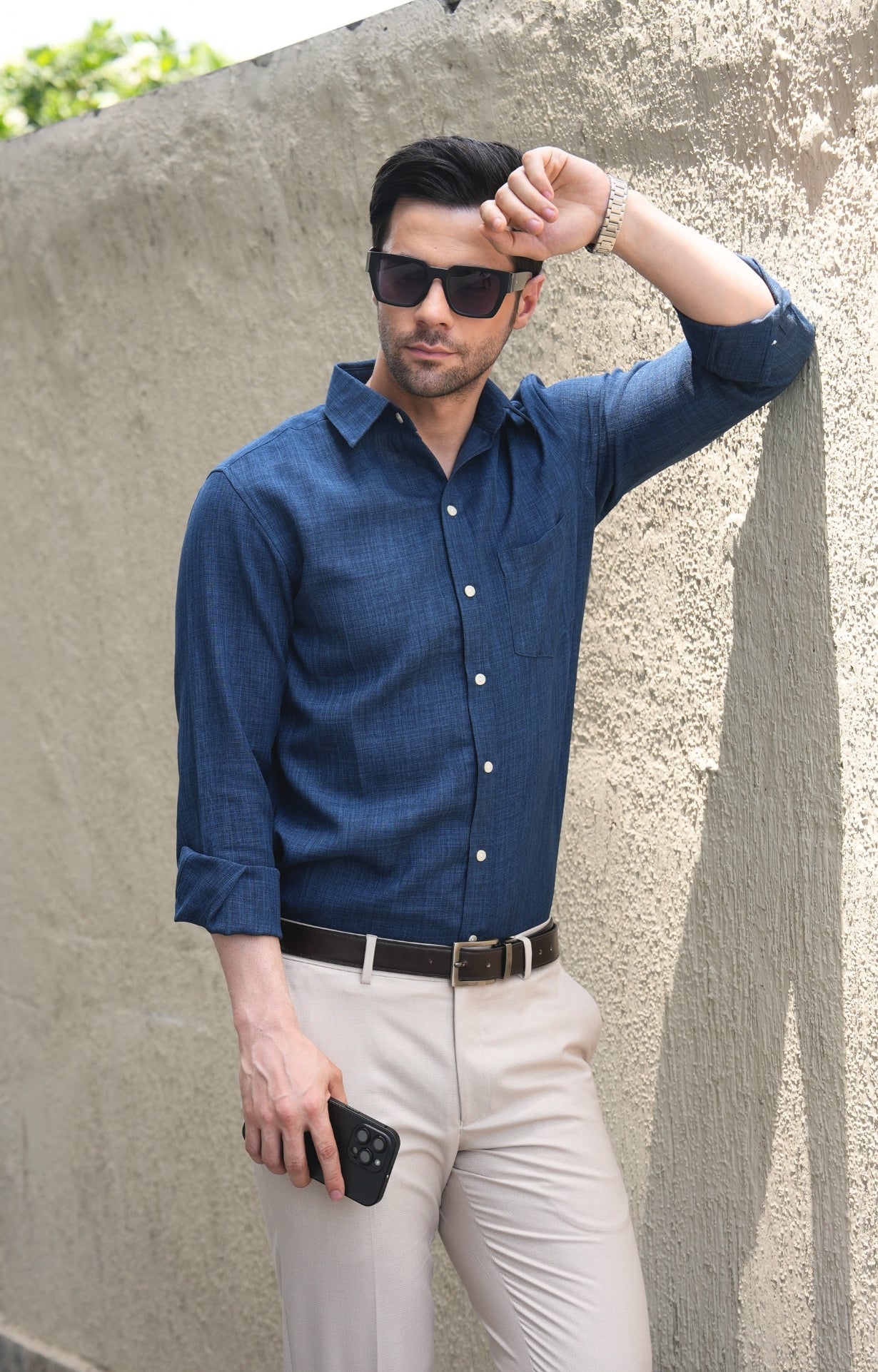 Men's Basic Solid Linen Shirt - Navy Blue