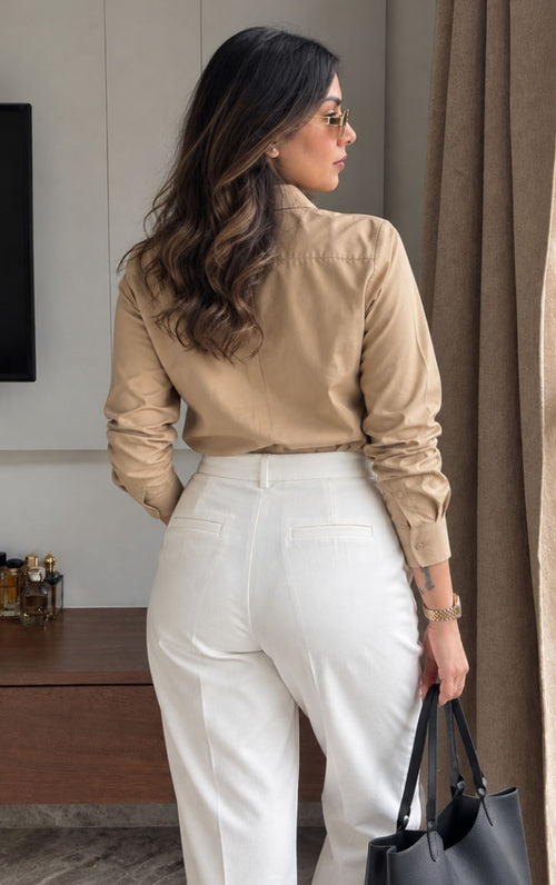Basic solid woven linen shirt - Beige