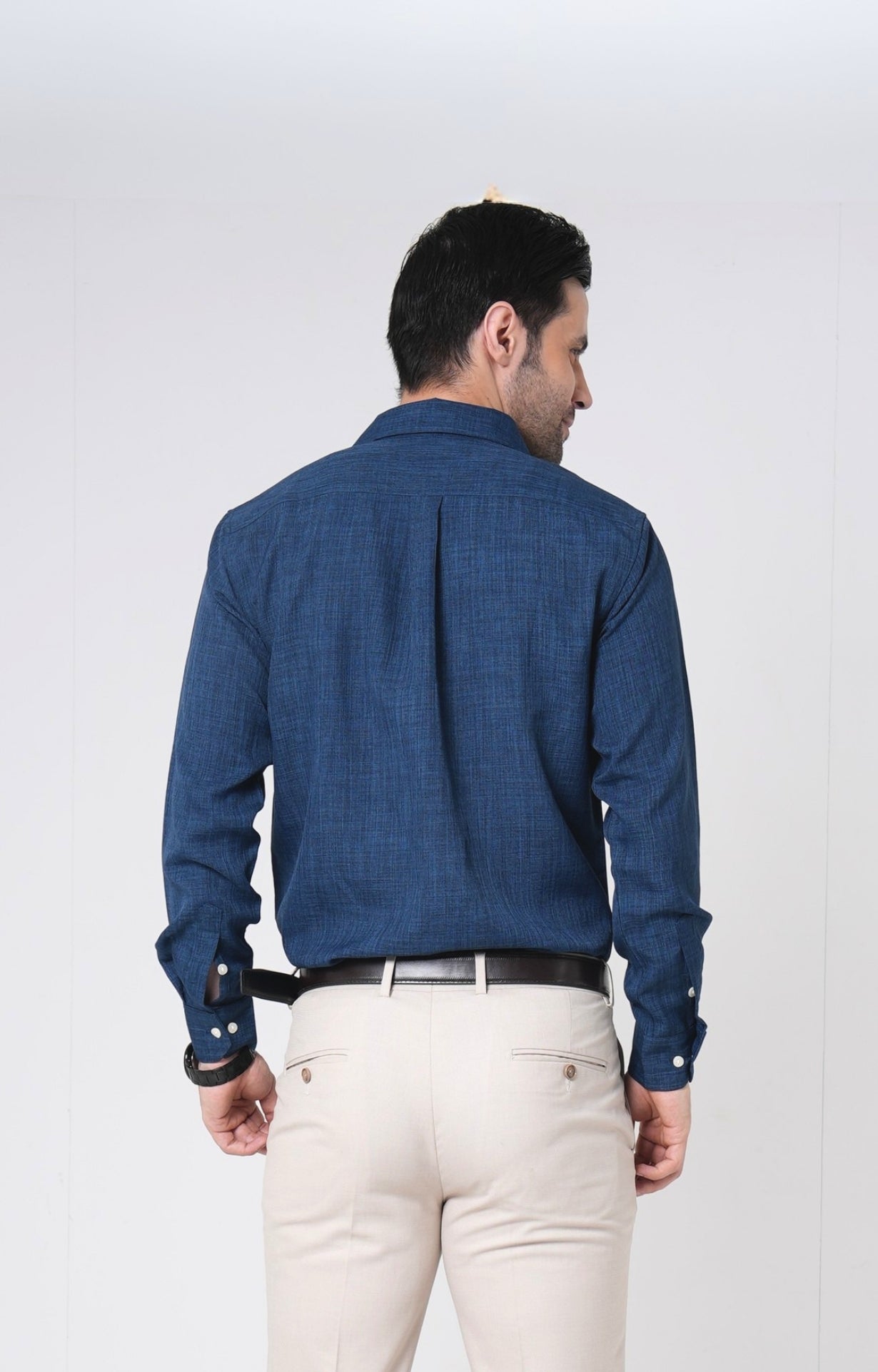 Men's Basic Solid Linen Shirt - Navy Blue