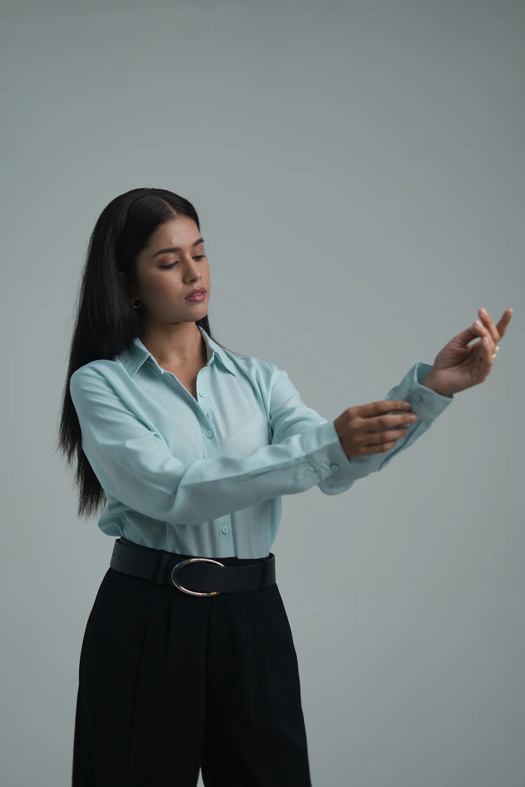 Basic solid linen blend shirt - Light Blue