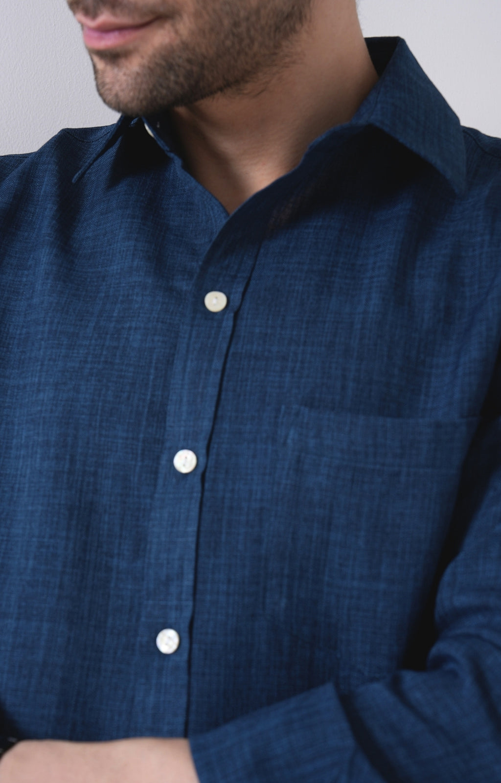 Men's Basic Solid Linen Shirt - Navy Blue