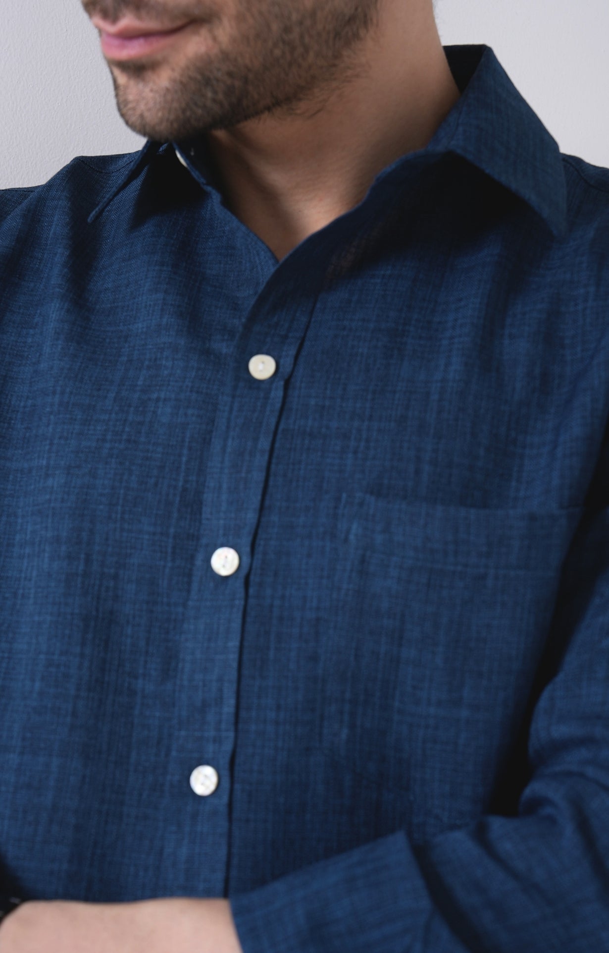 Men's Basic Solid Linen Shirt - Navy Blue