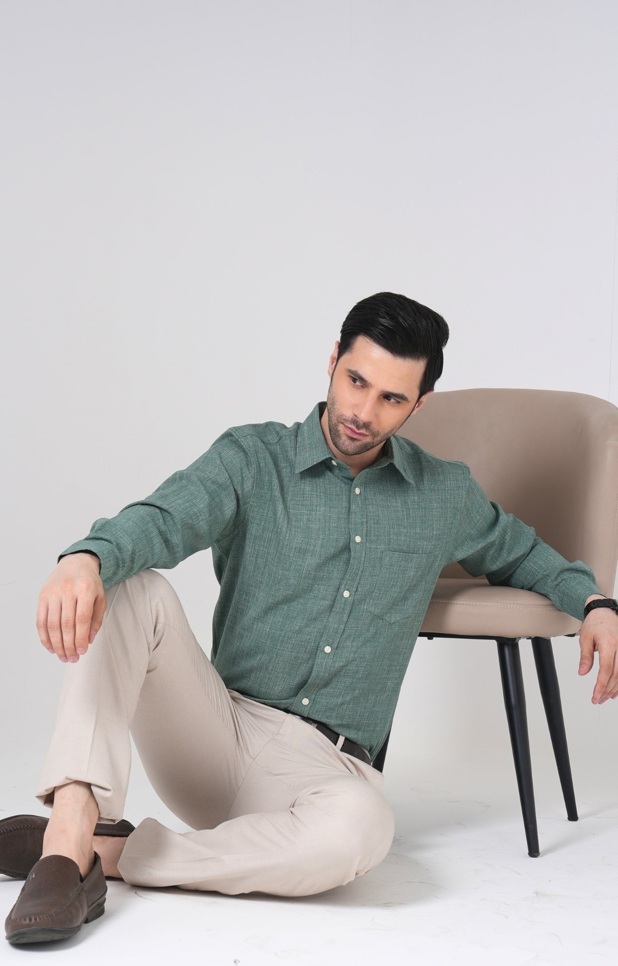 Men's Basic Solid Linen Shirt - Green