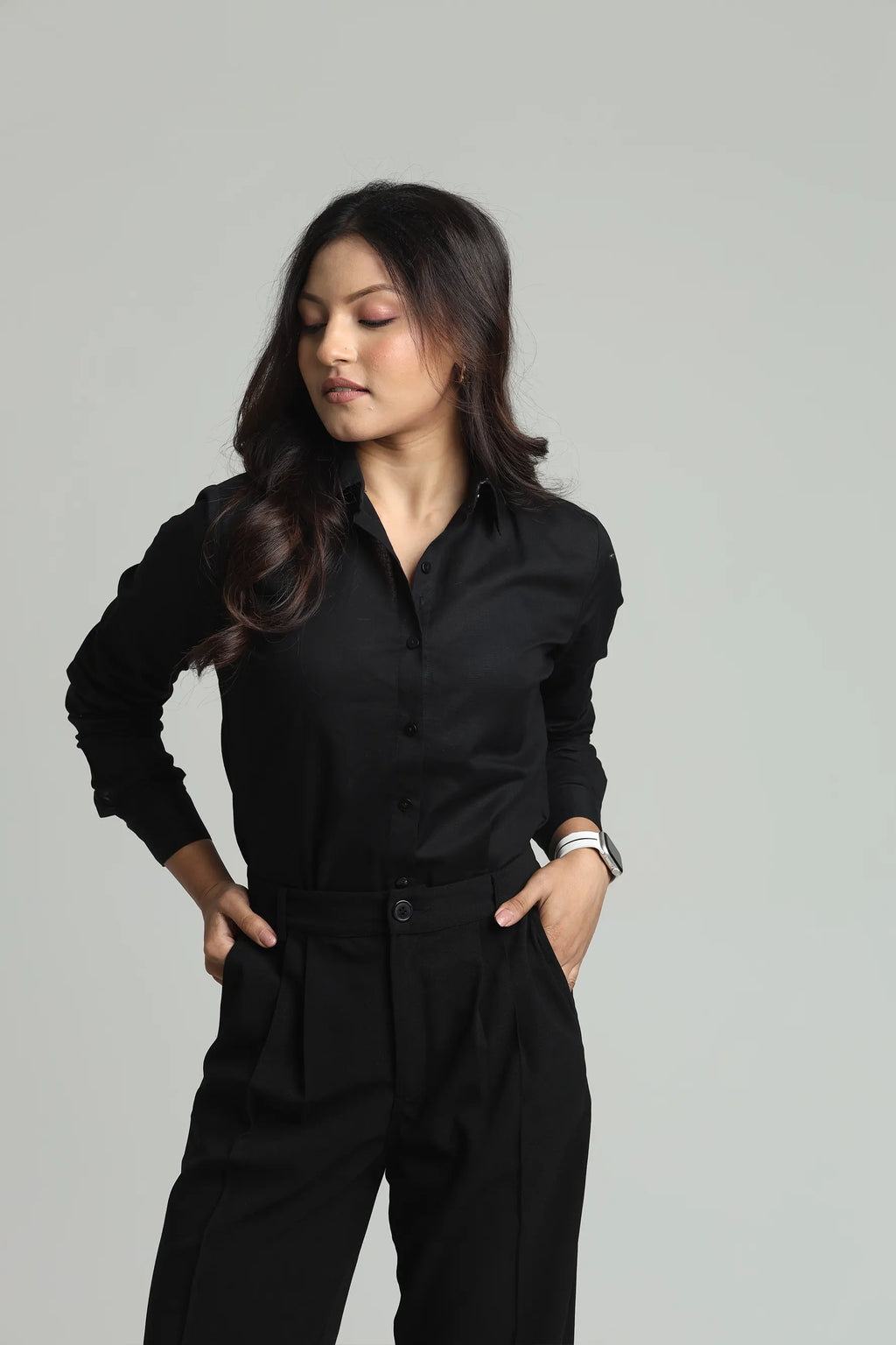 Basic solid woven linen shirt - Black