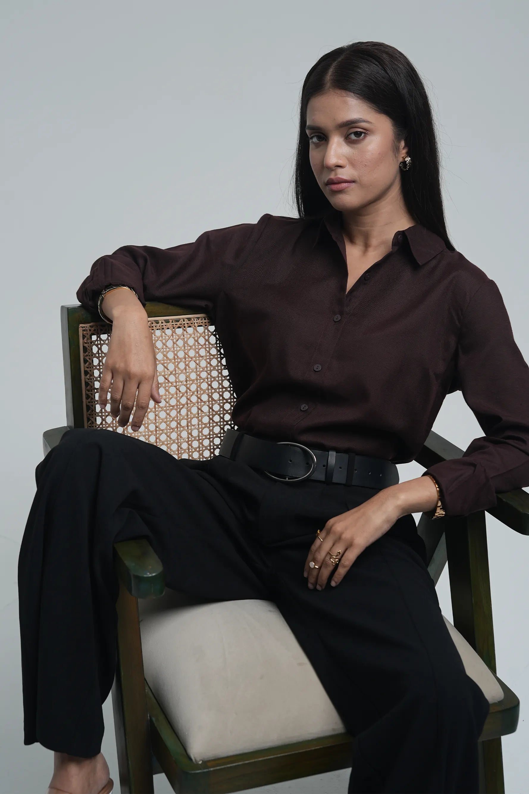 Basic solid linen blend shirt - Brown