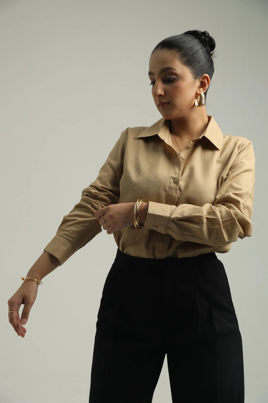 Basic solid woven linen shirt - Beige