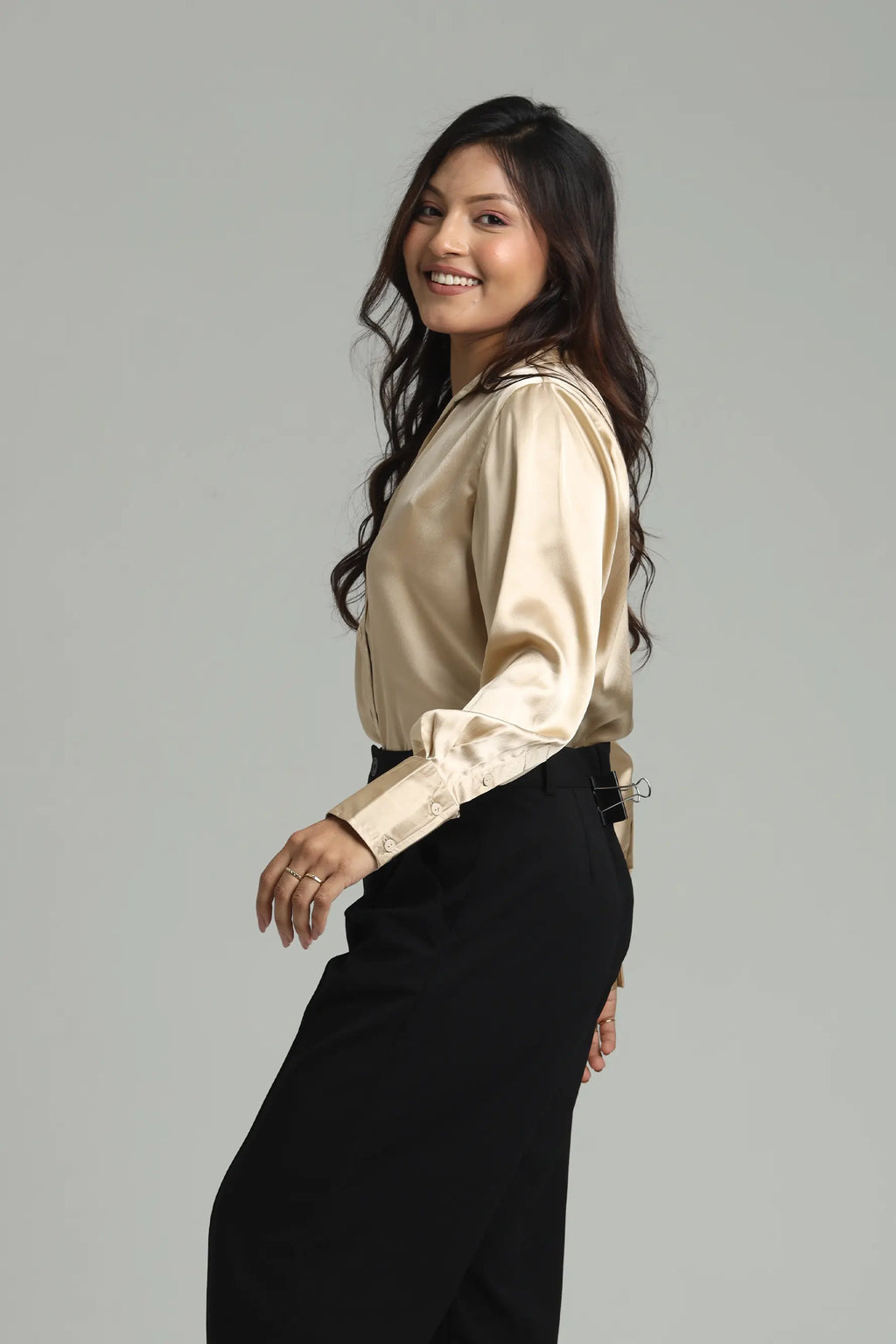 Basic Solid Satin Shirt - Beige