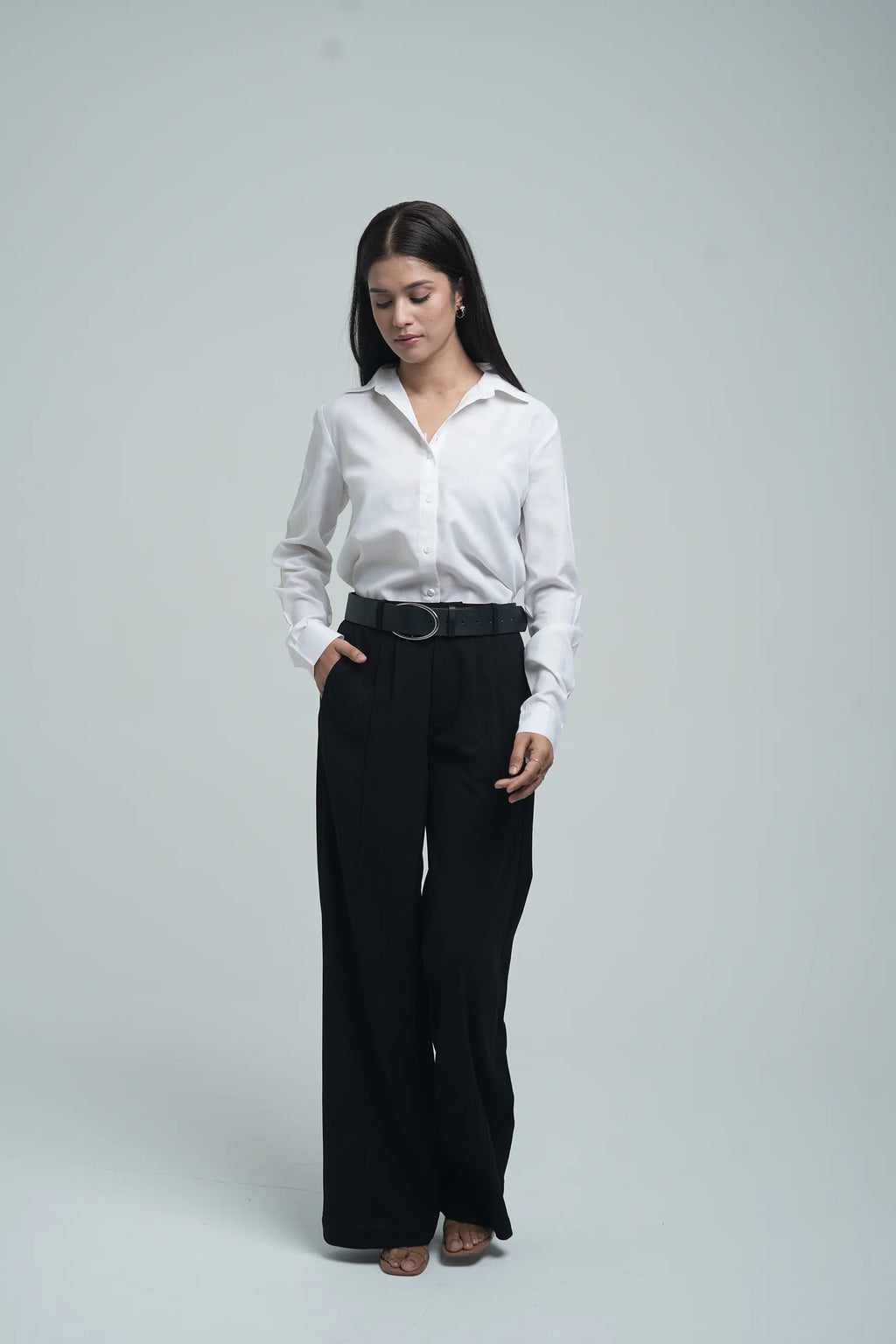Basic solid linen blend shirt - White