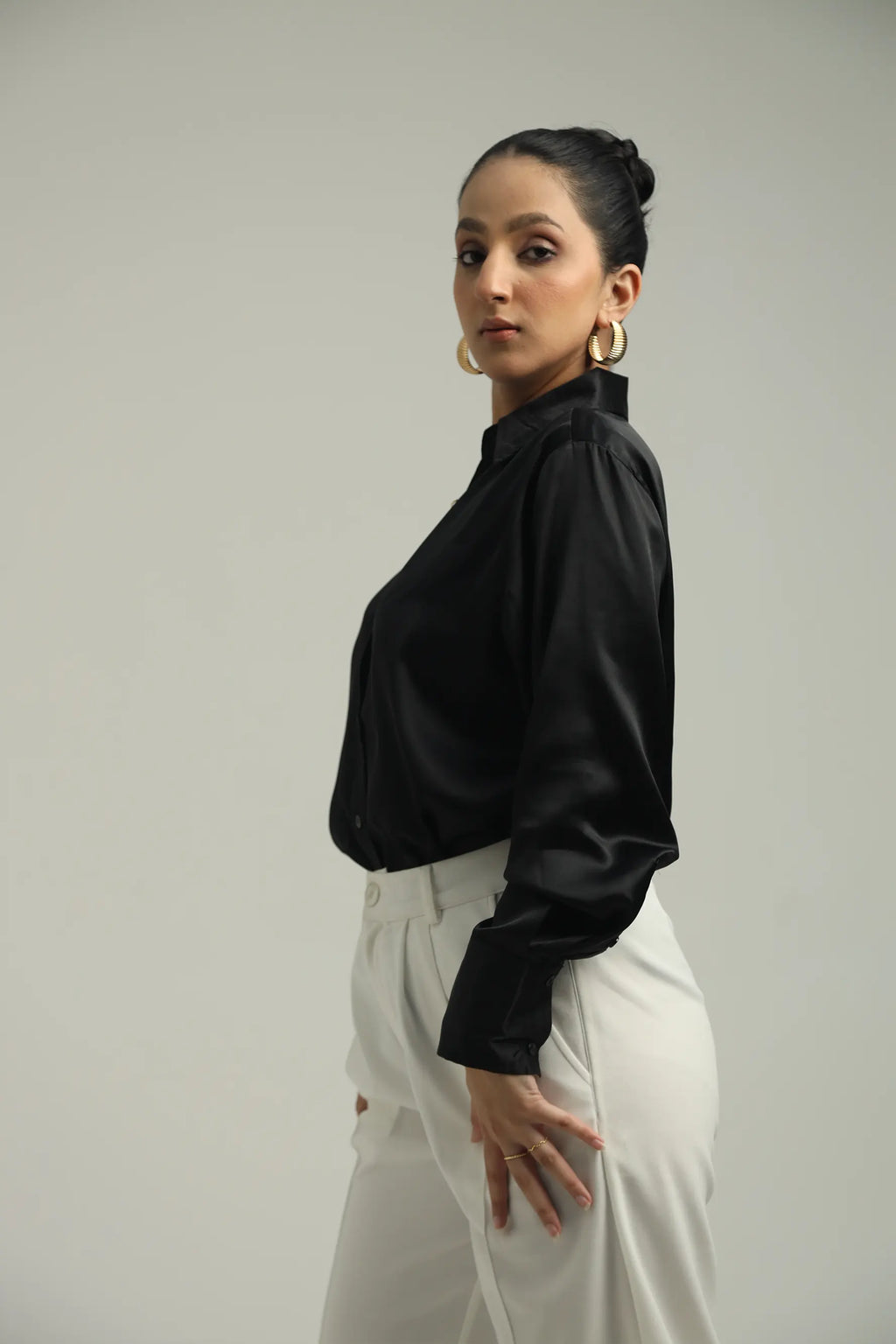 Basic Solid Satin Shirt - Black