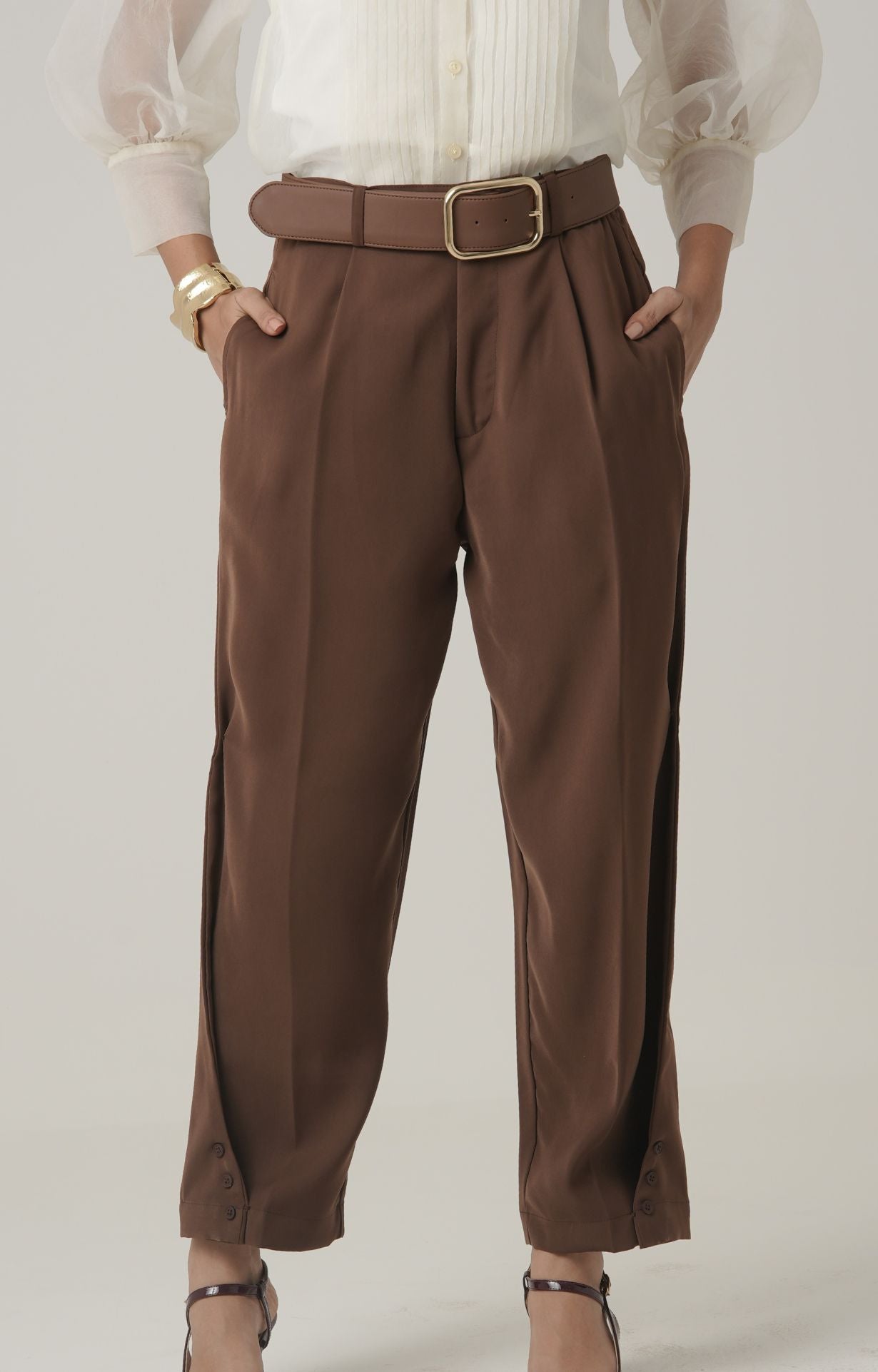 Image of Twisted Leg Tailored Trousers- Dark Brown