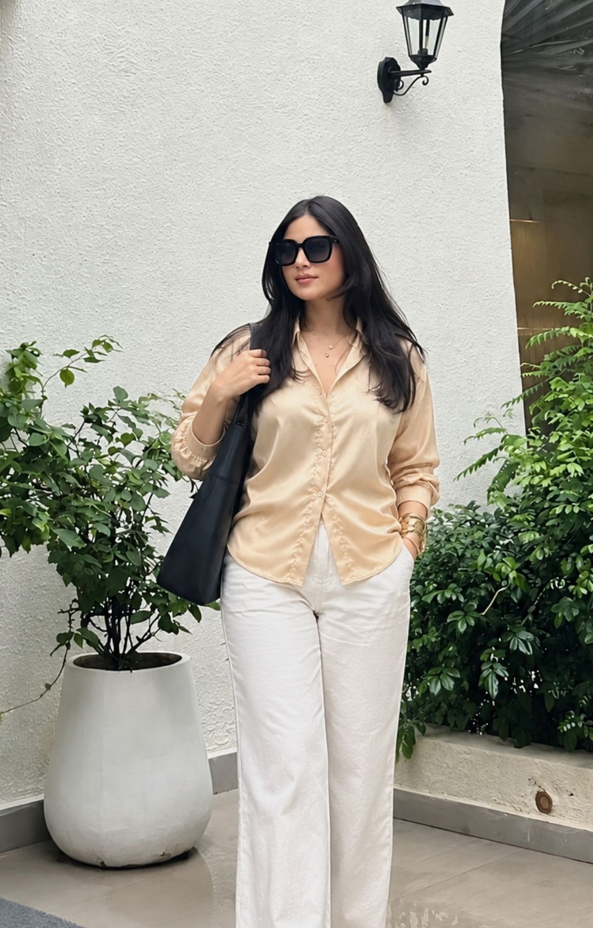 Basic Solid Satin Shirt - Beige