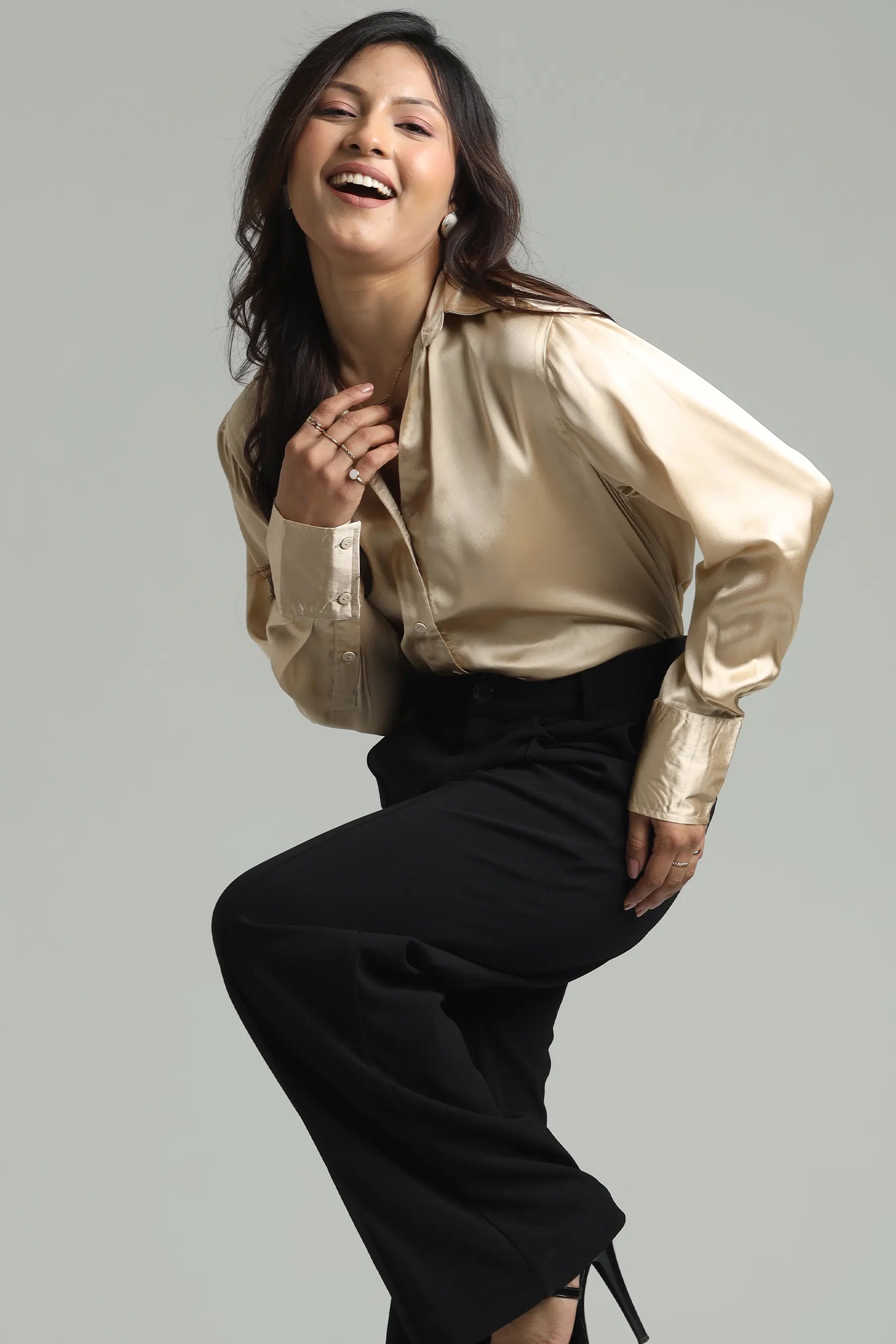 Basic Solid Satin Shirt - Beige