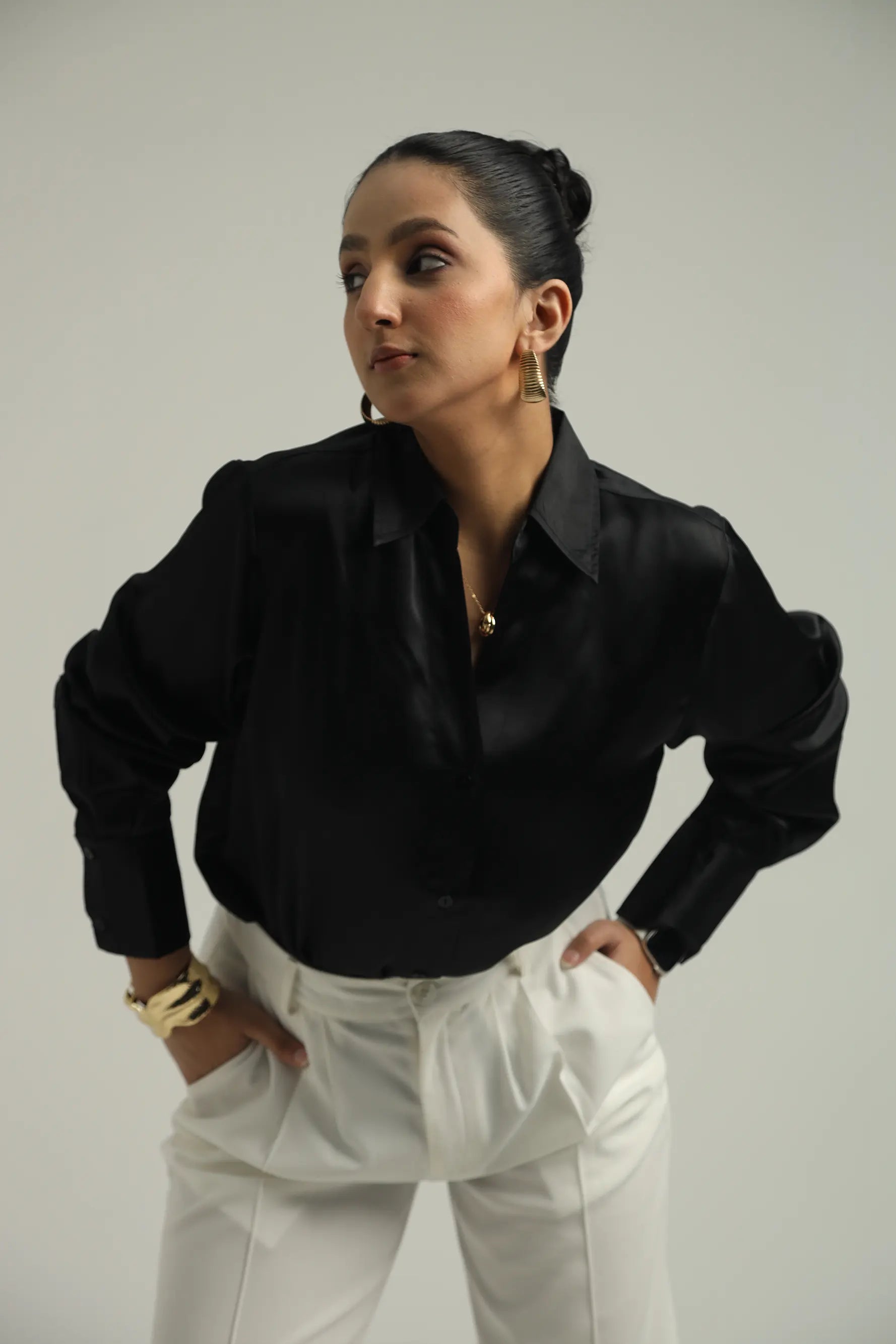 Basic Solid Satin Shirt - Black