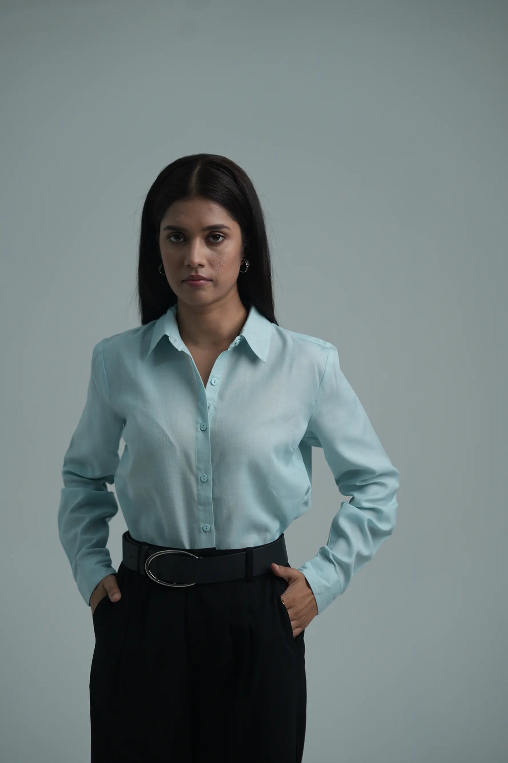 Basic solid linen blend shirt - Light Blue