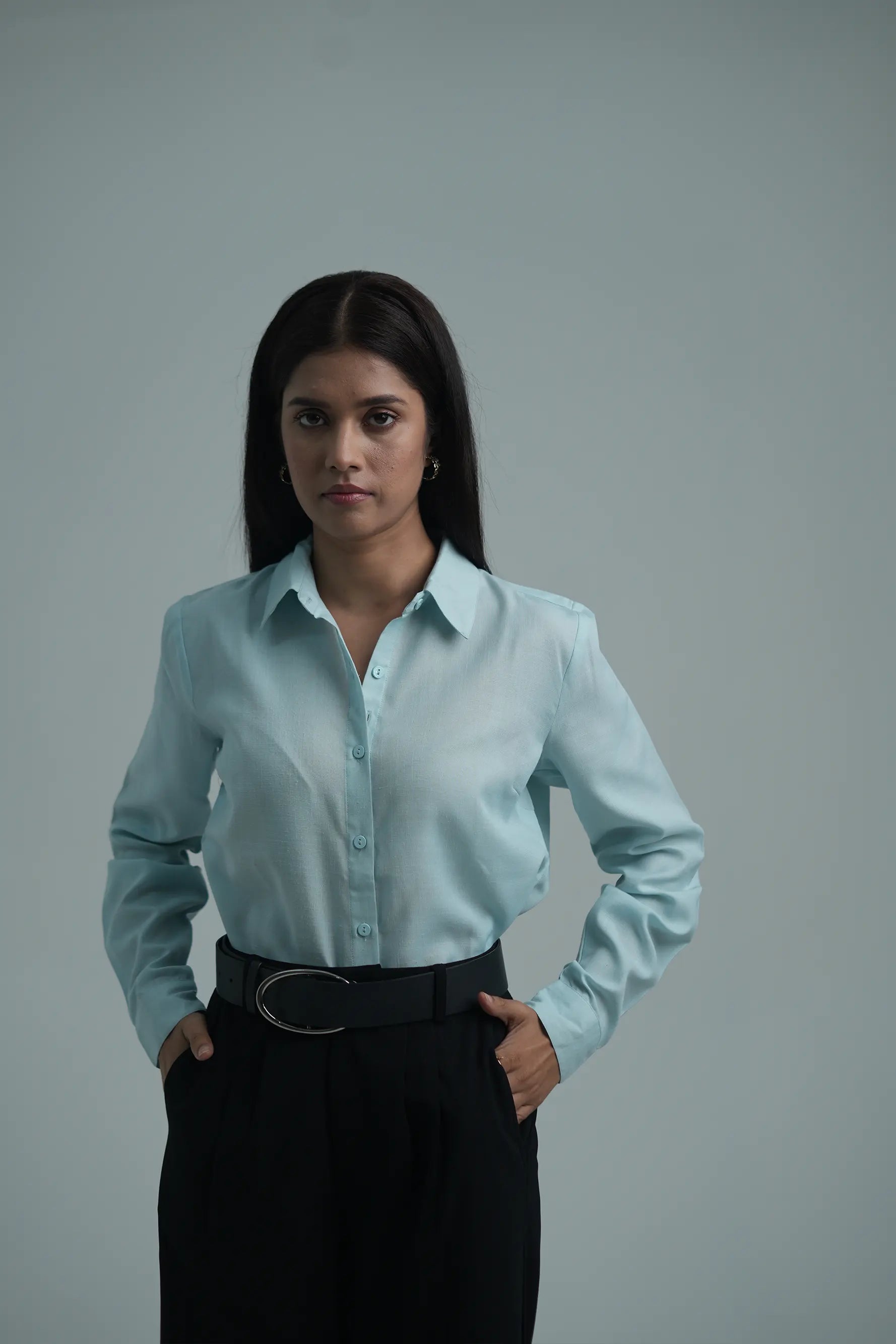 Basic solid linen blend shirt - Light Blue