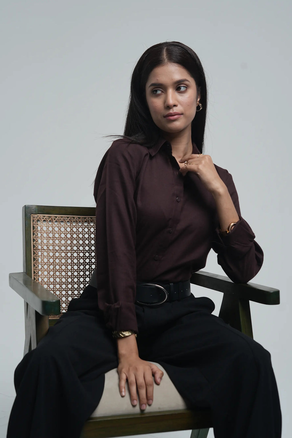 Basic solid linen blend shirt - Brown