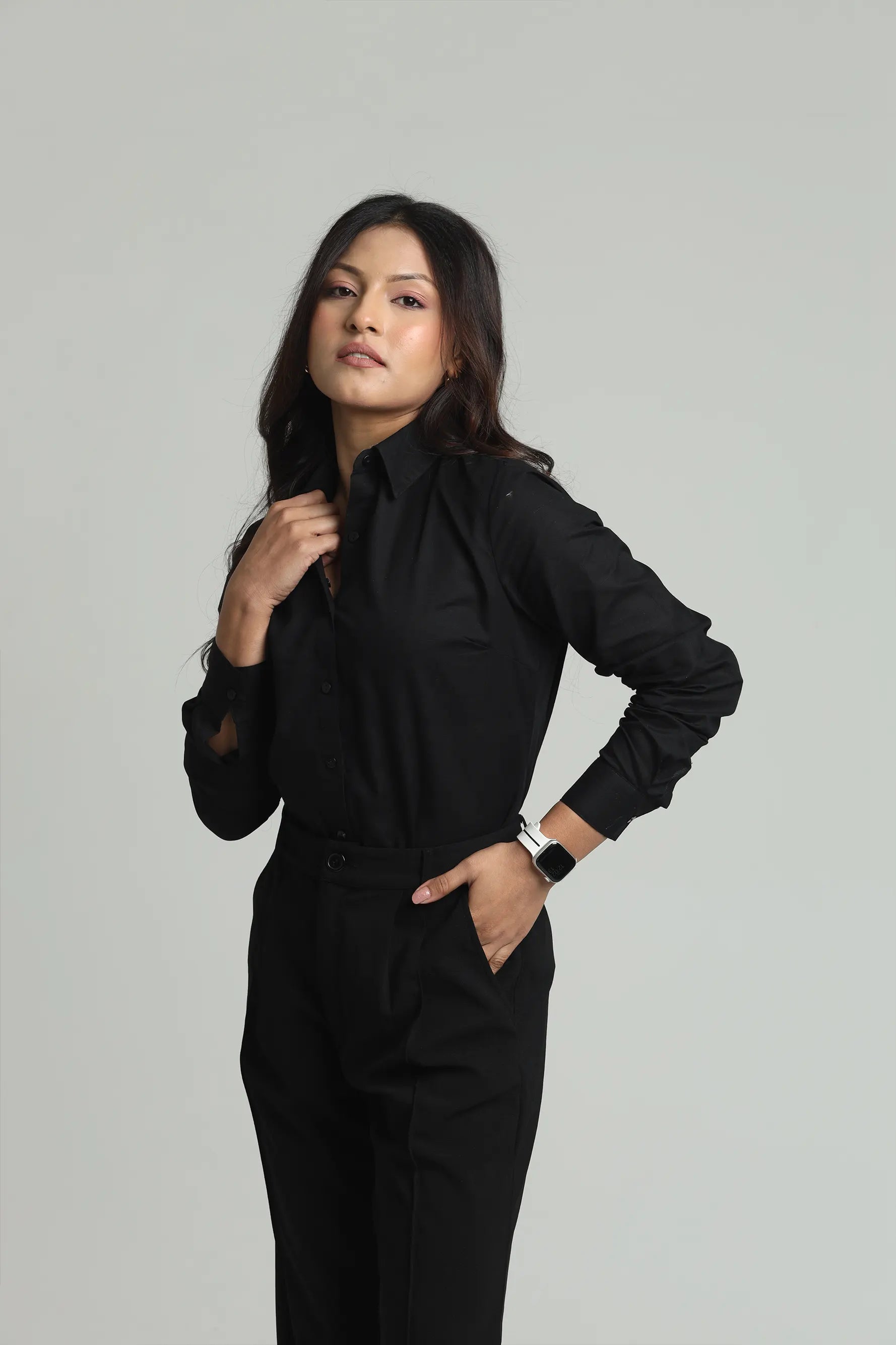 Basic solid woven linen shirt - Black