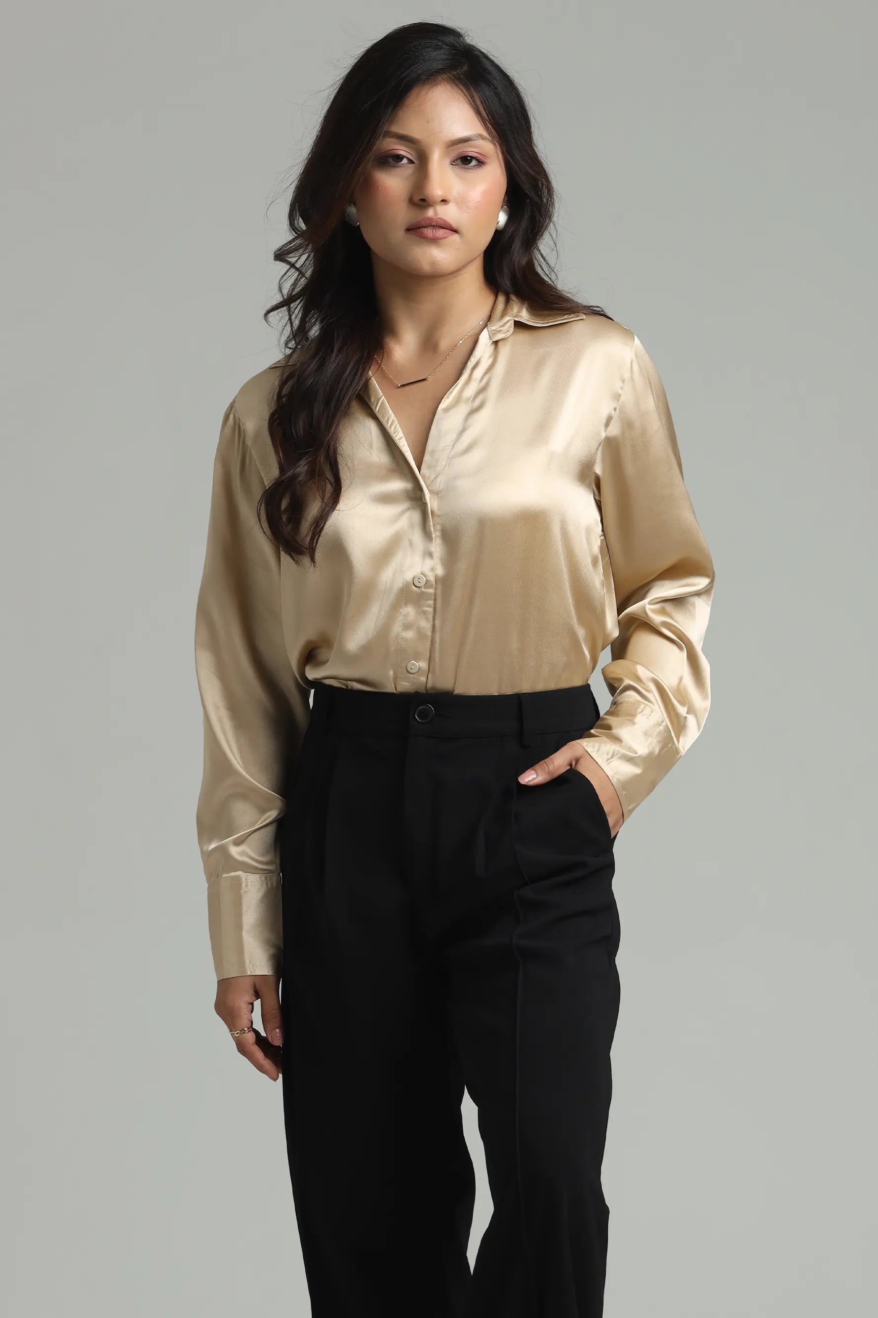 Basic Solid Satin Shirt - Beige