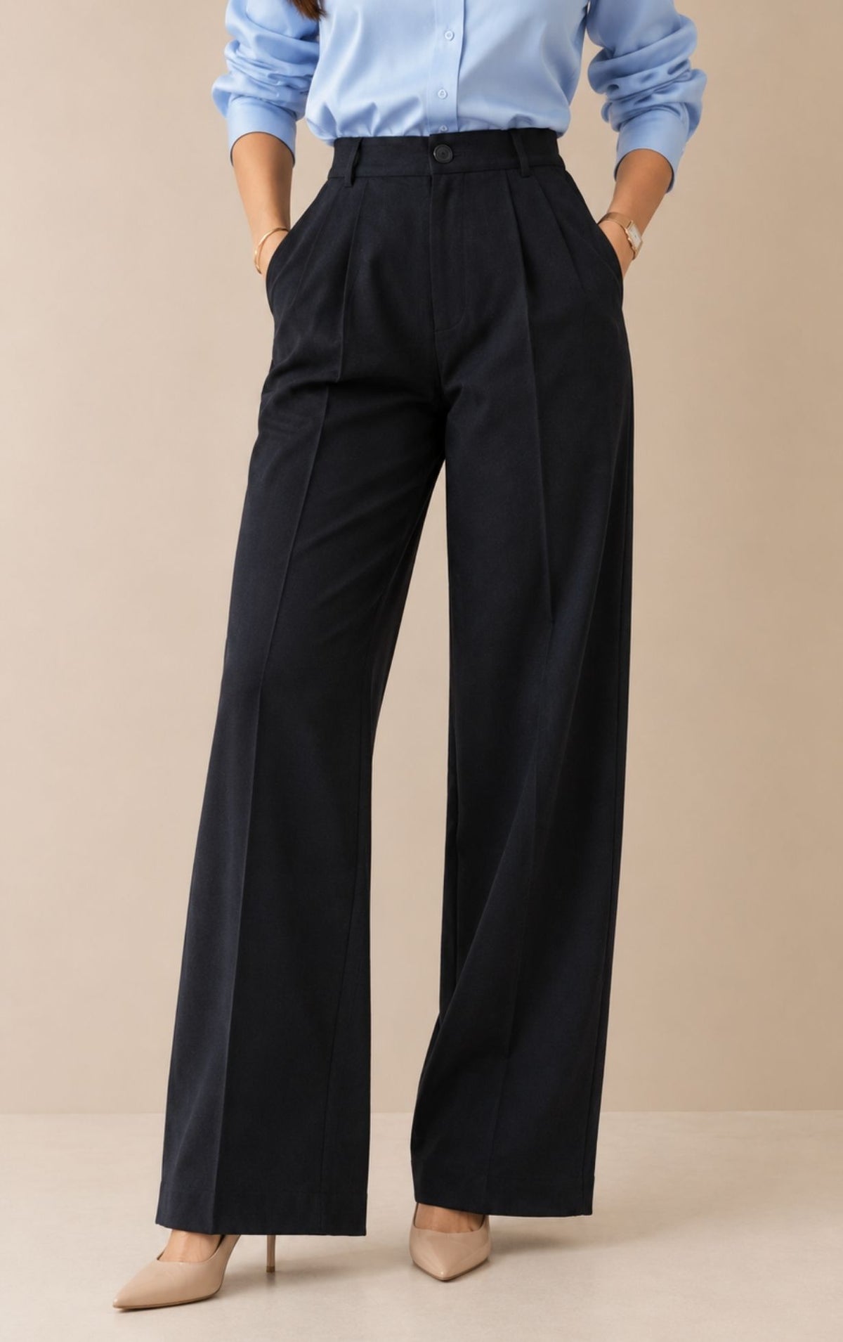 Wide Leg High Waist Trousers - Navy Blue