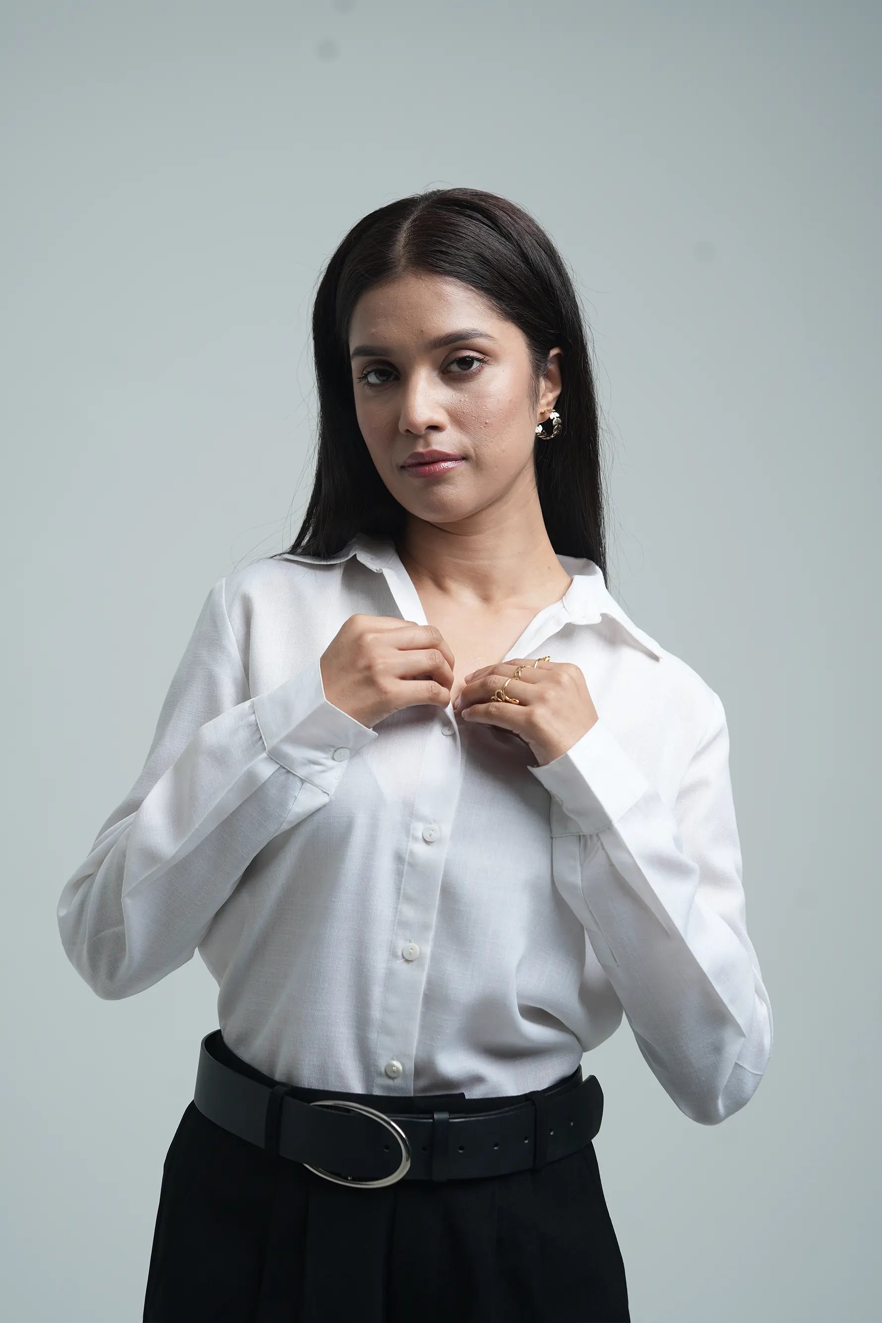 Basic solid linen blend shirt - White
