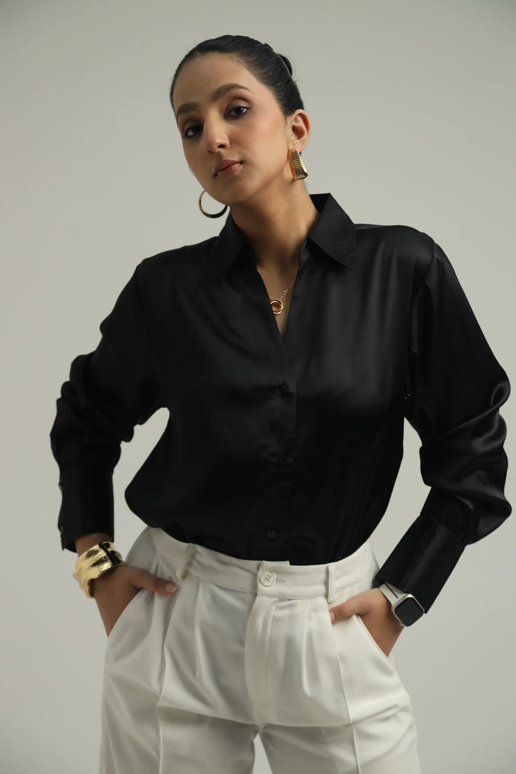 Basic Solid Satin Shirt - Black