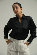Basic Solid Satin Shirt - Black