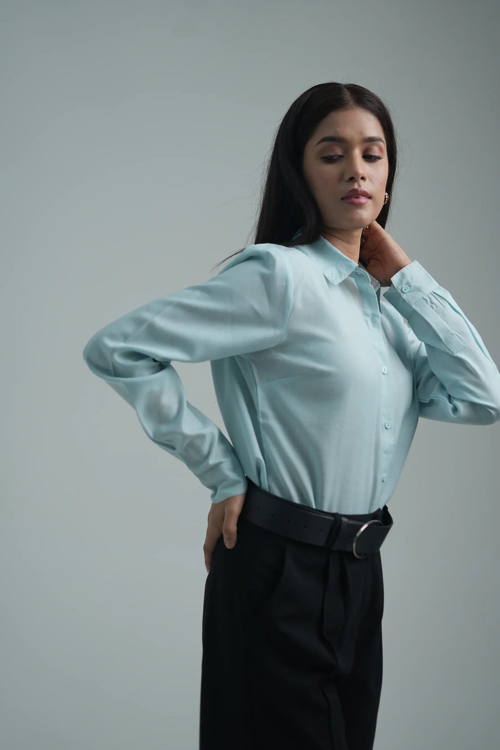 Basic solid linen blend shirt - Light Blue