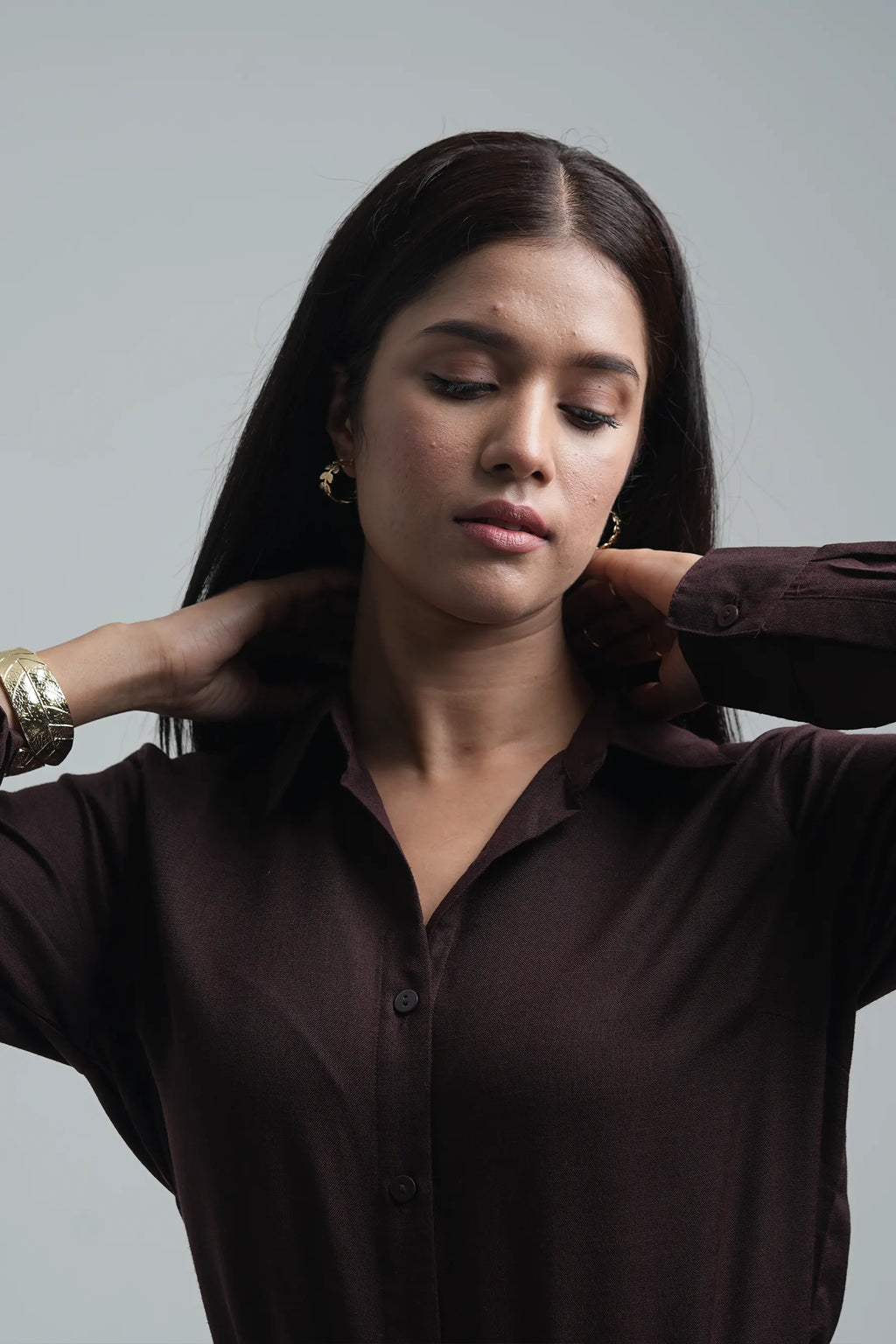 Basic solid linen blend shirt - Brown