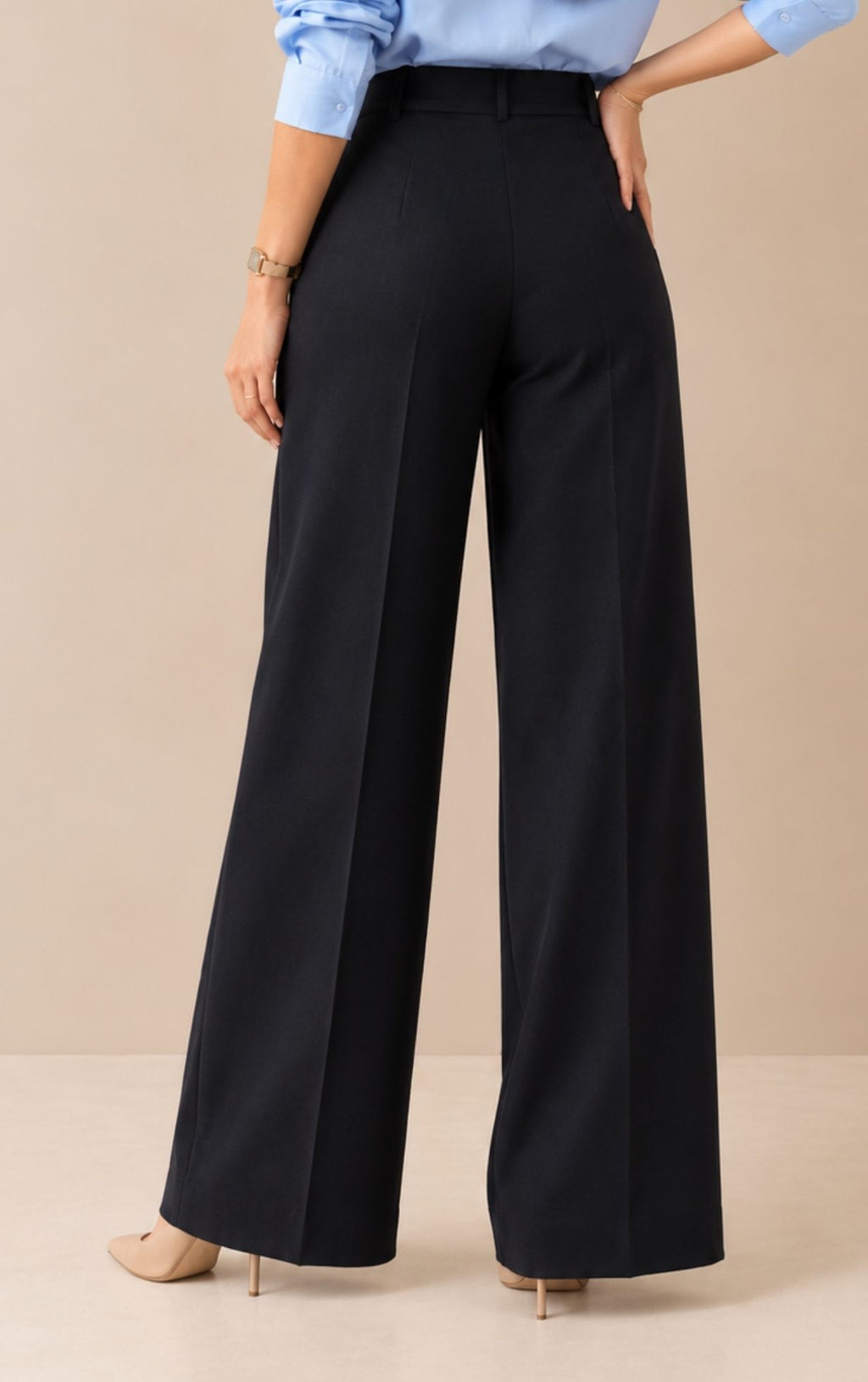 Wide Leg High Waist Trousers - Navy Blue