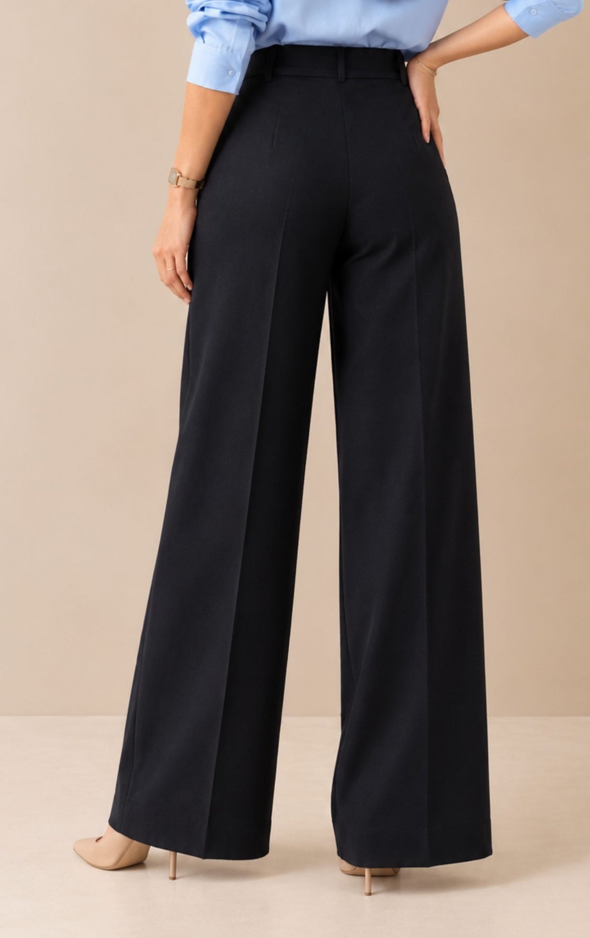 Wide Leg High Waist Trousers - Navy Blue