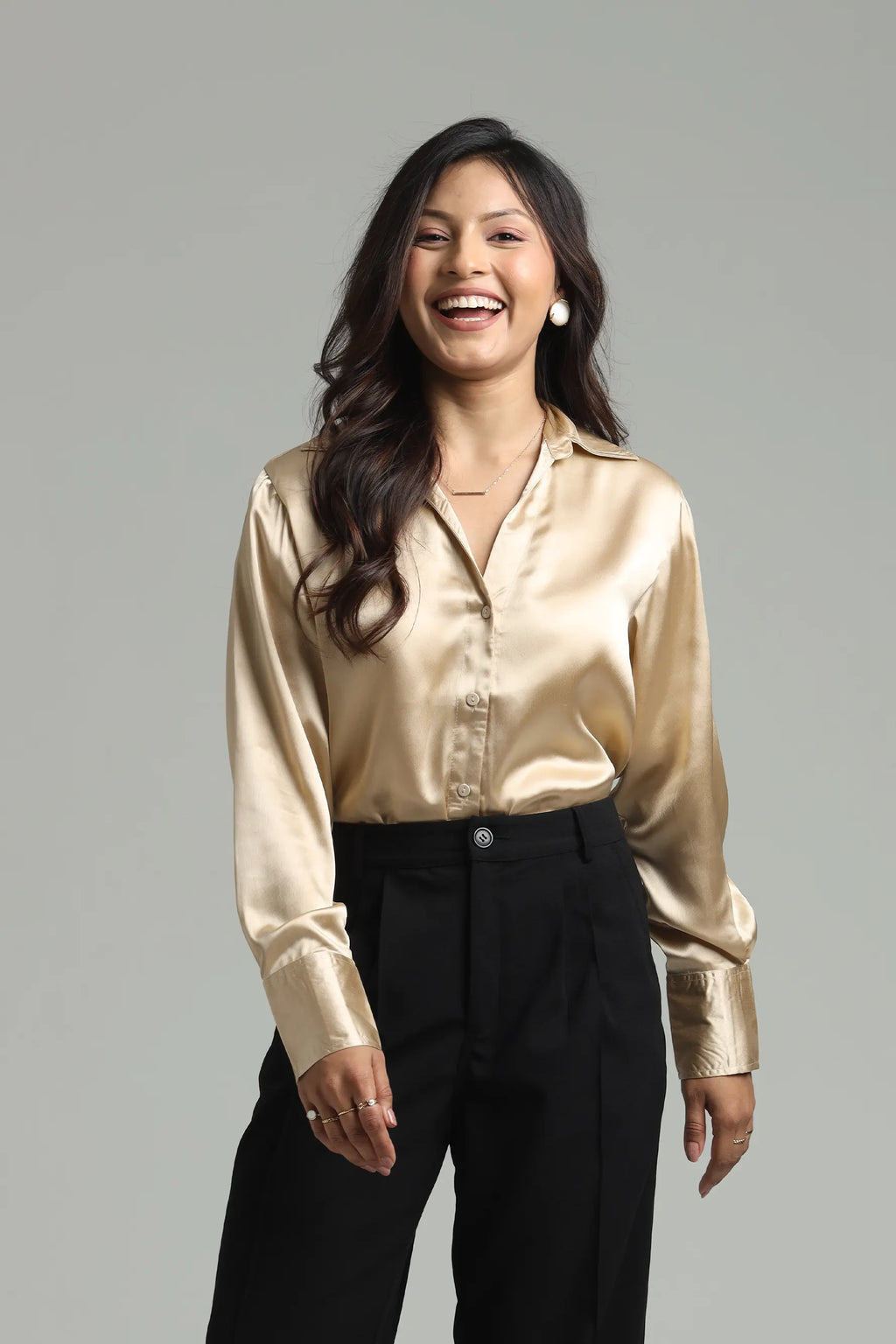 Basic Solid Satin Shirt - Beige