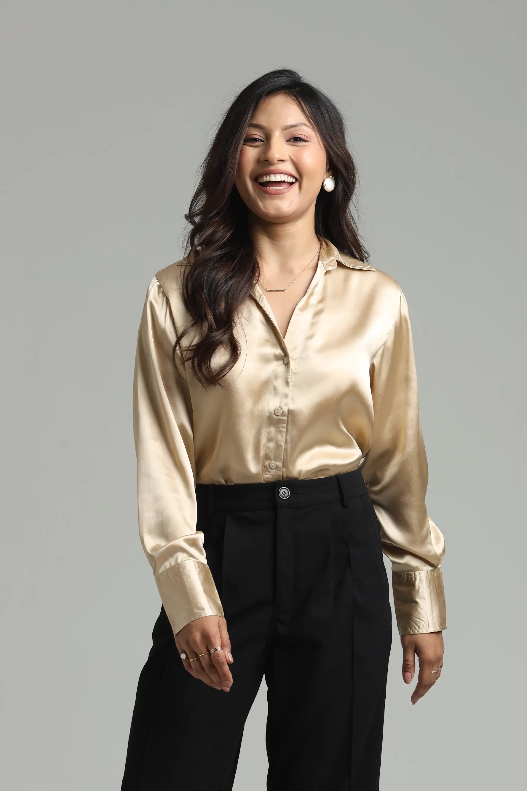 Basic Solid Satin Shirt - Beige