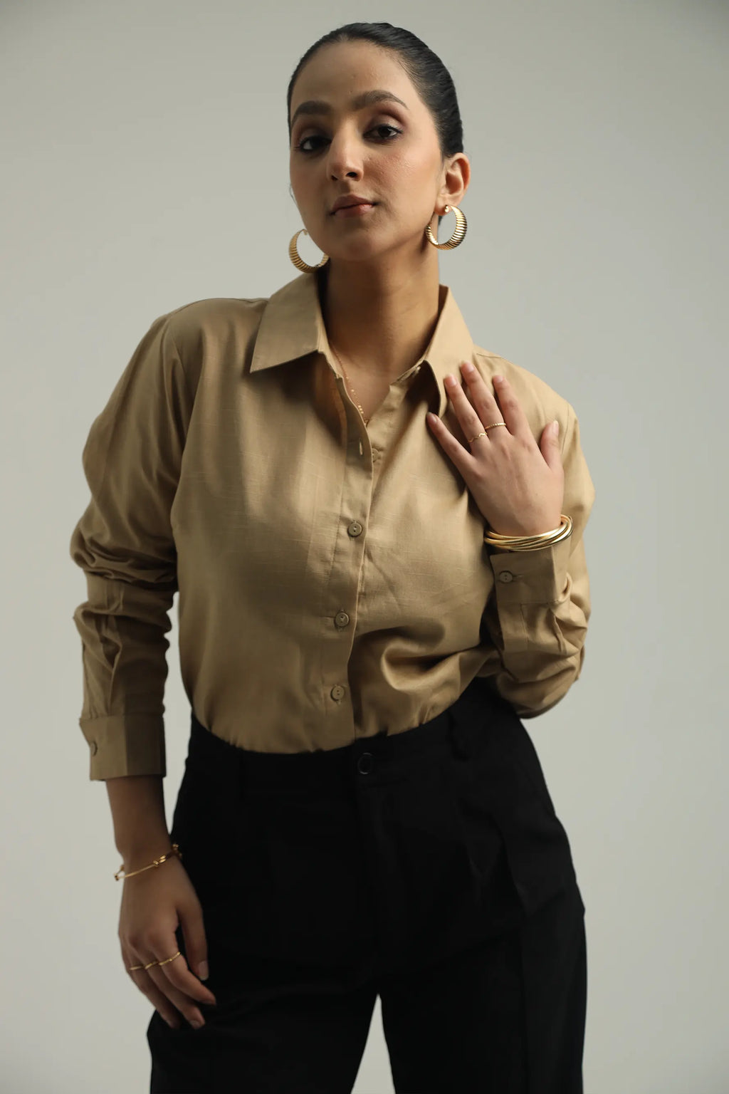Basic solid woven linen shirt - Beige