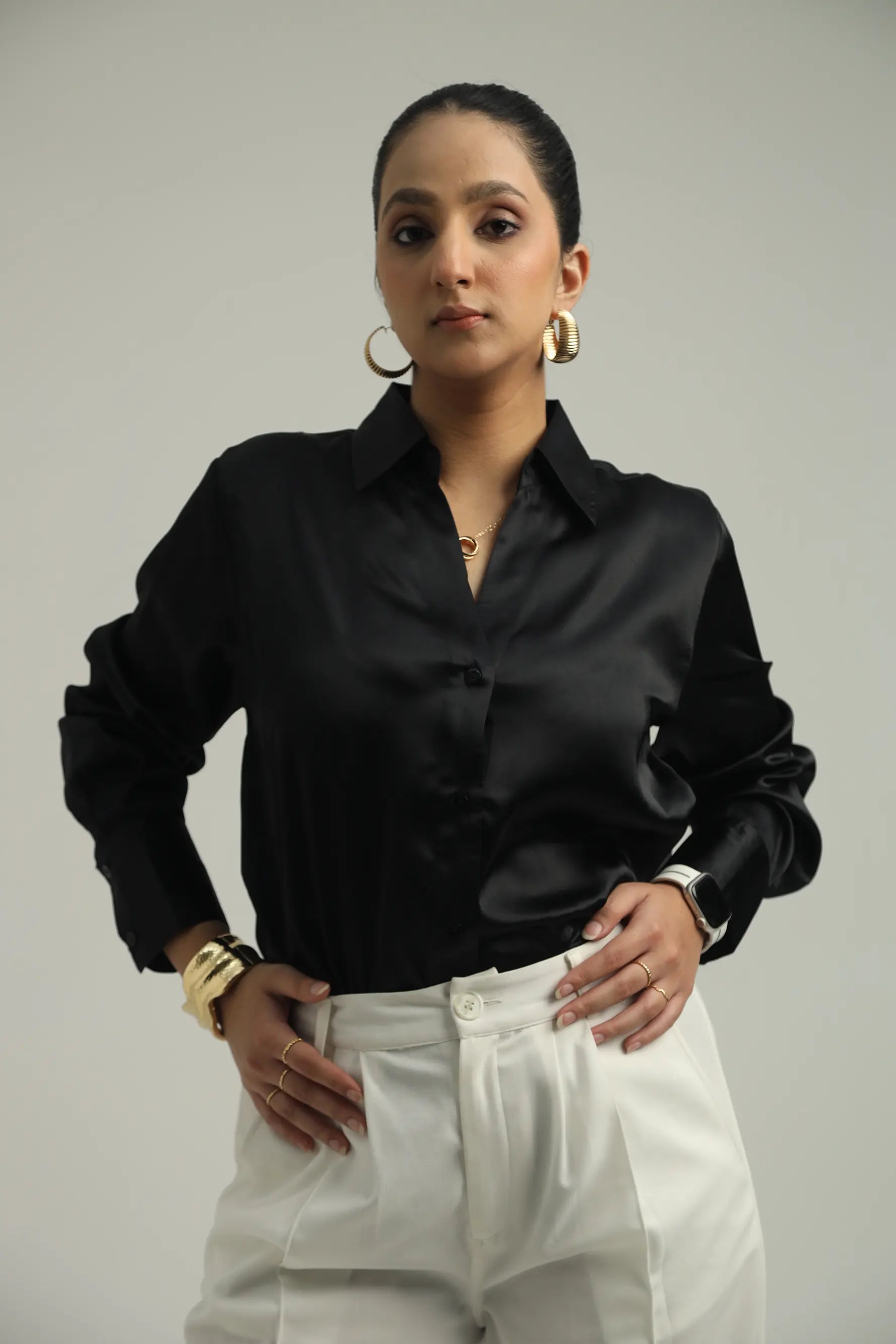 Basic Solid Satin Shirt - Black HOUSE OF PROFESSIONALS Basic Solid Satin Shirt - Black HOUSE OF PROFESSIONALS